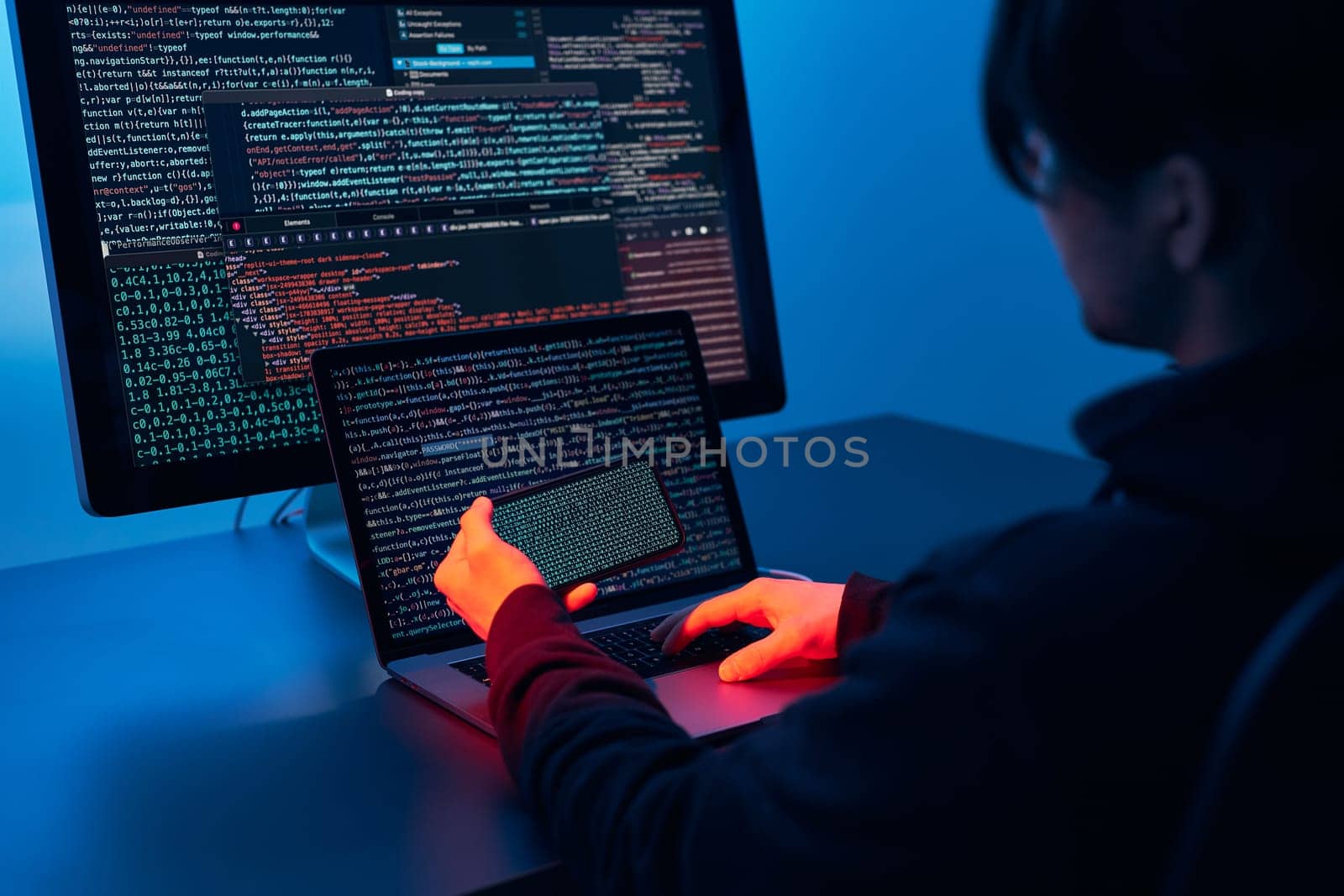 Man using computer and programming  to break code. Cyber security threat. Internet and network security. Stealing private information. Person using technology to steal password and private data. Cyber attack crime