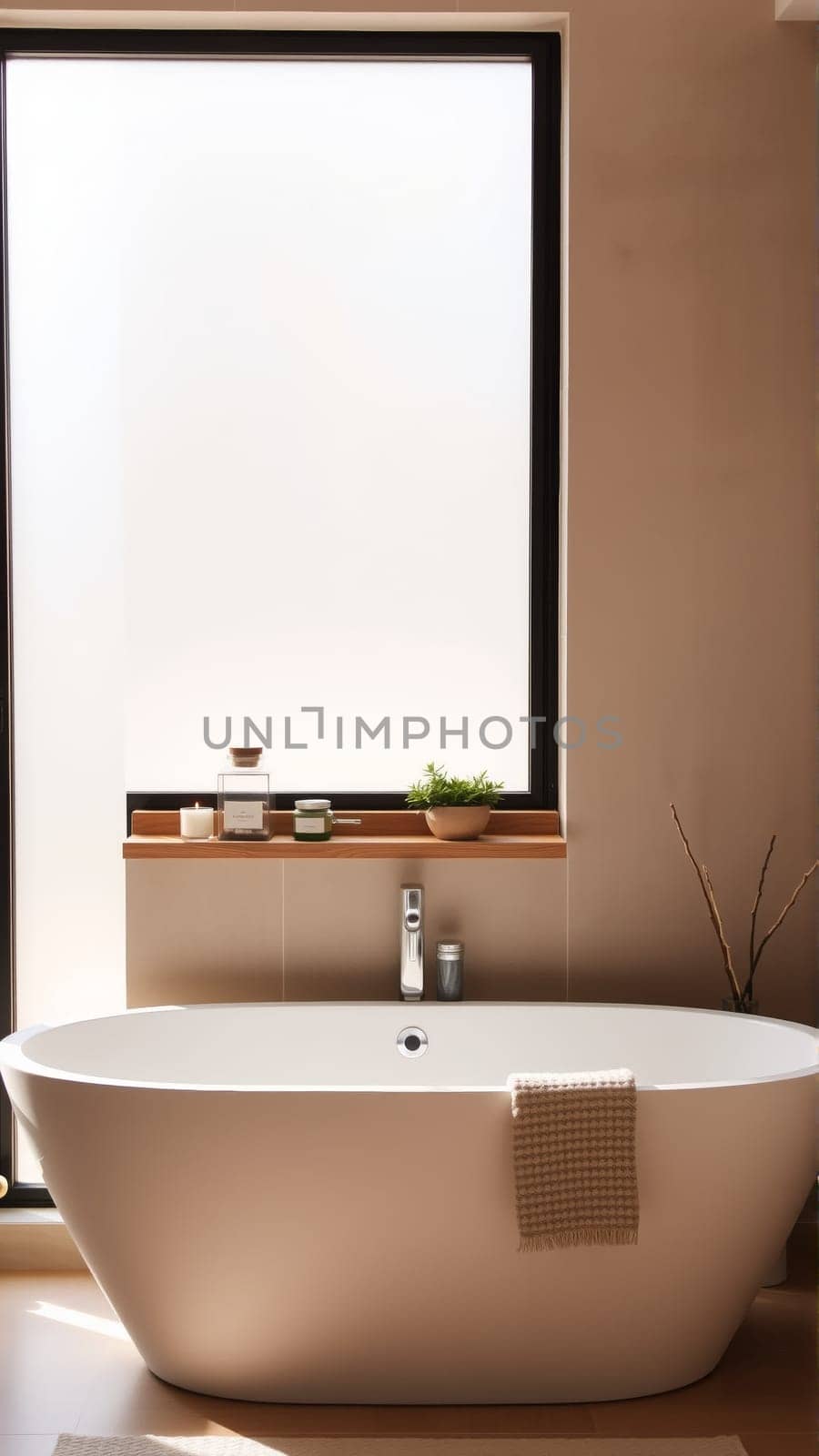 Scandinavian style bathroom interior in light colors. The bathtub is located near the window. High quality photo