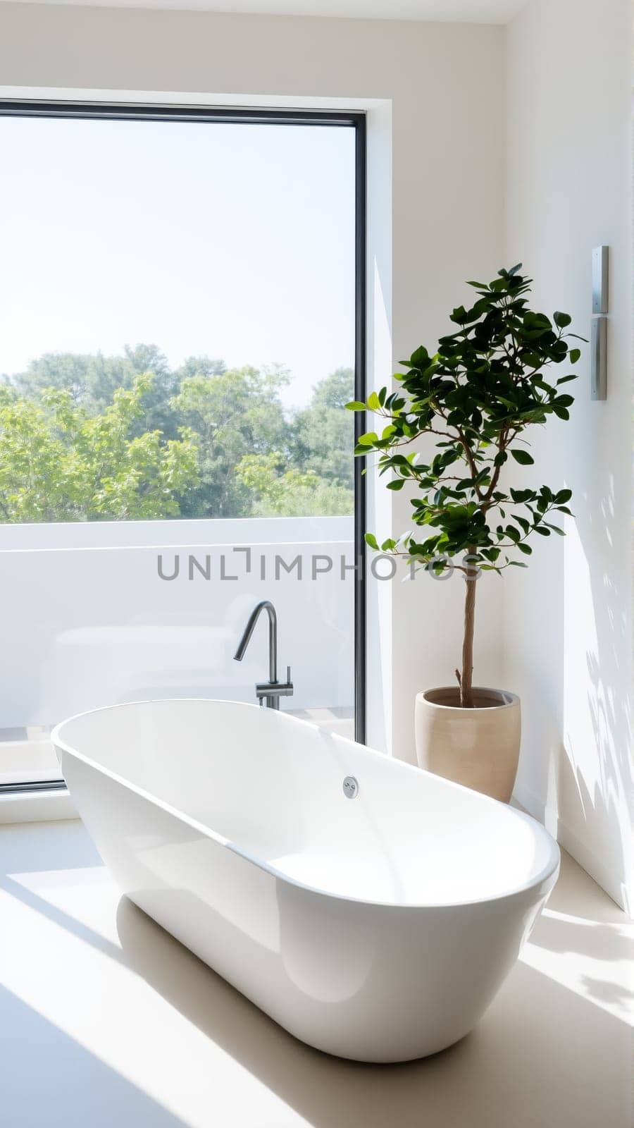 Scandinavian style bathroom interior in light colors. The bathtub is located near the window. High quality photo