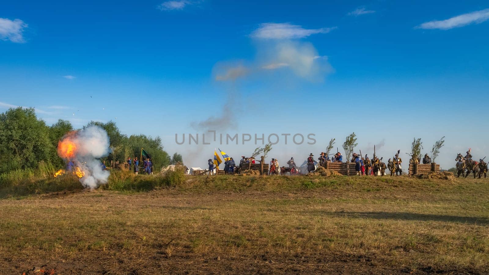 Gniew, Poland, Aug 2020 Polish Swedish war, battle of Gniew from 16th century, canon ball explosion, attack on fortifications, historical reenactment