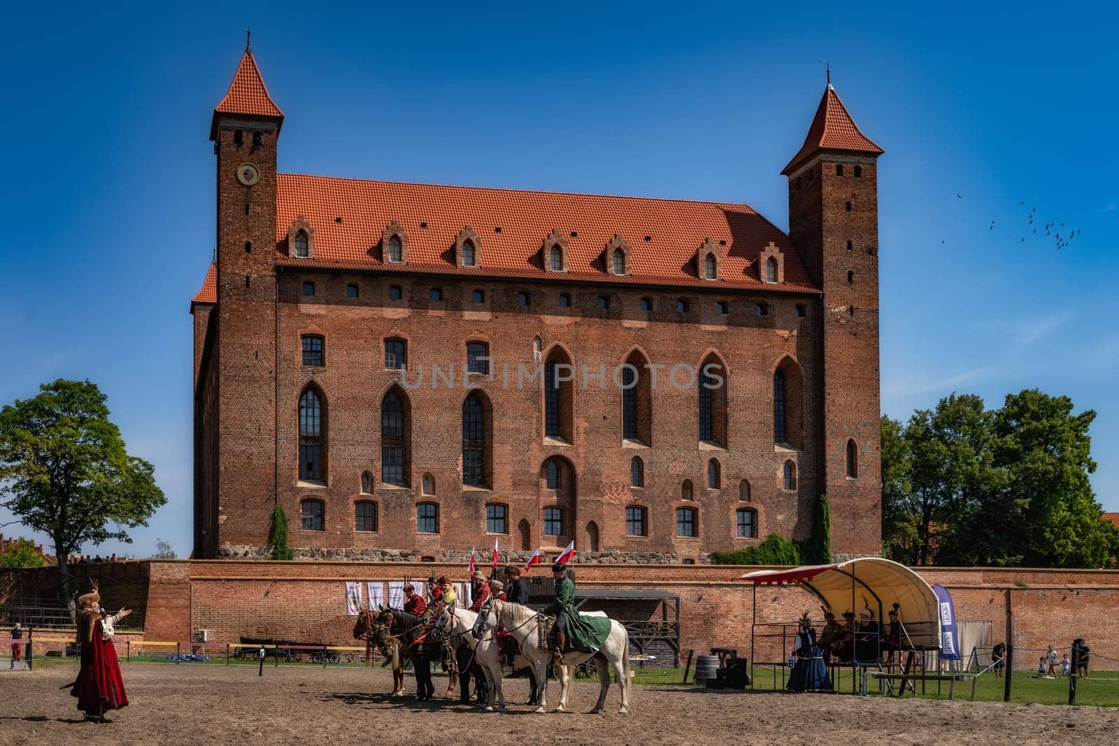 Gniew, Poland, Aug 2020 Castellan introducing hussars, horseman warriors for the battle of Gniew, Polish Swedish war from 16th century, reenactment