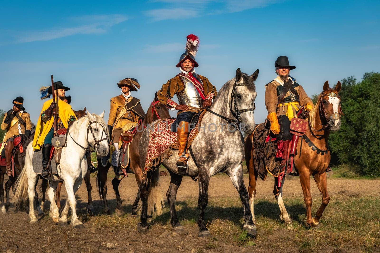 Gniew, Poland, Aug 2020 Polish hors cavalry, Hussars. Group of warriors horseback riding, historical reenactment of Battle of Gniew