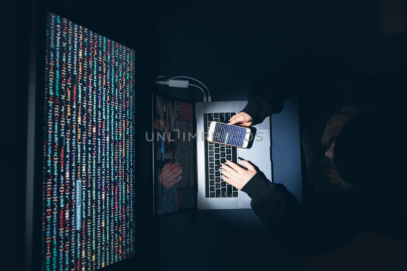Cyber security threat. Young woman using computer and coding. Internet and network security. Stealing private information. Person using technology to steal password and private data. Cyber attack crime