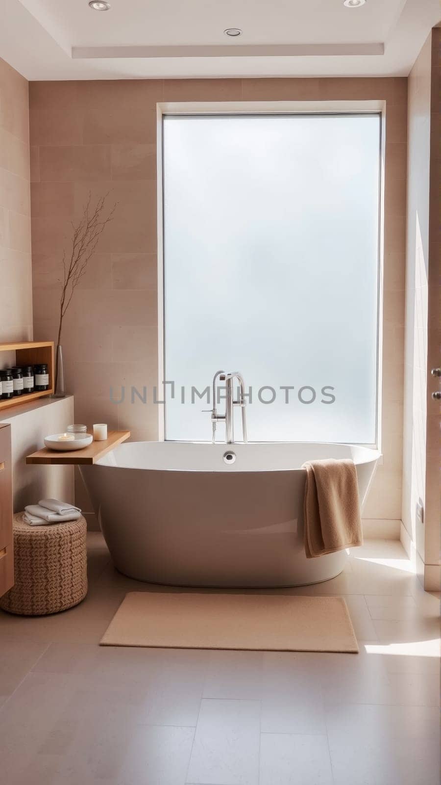 Scandinavian style bathroom interior in light colors. The bathtub is located near the window. High quality photo