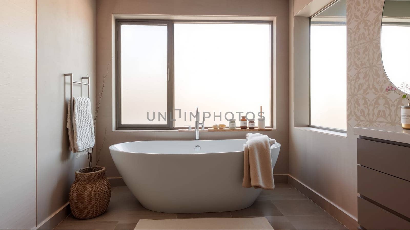 Scandinavian style bathroom interior in light colors. The bathtub is located near the window. High quality photo
