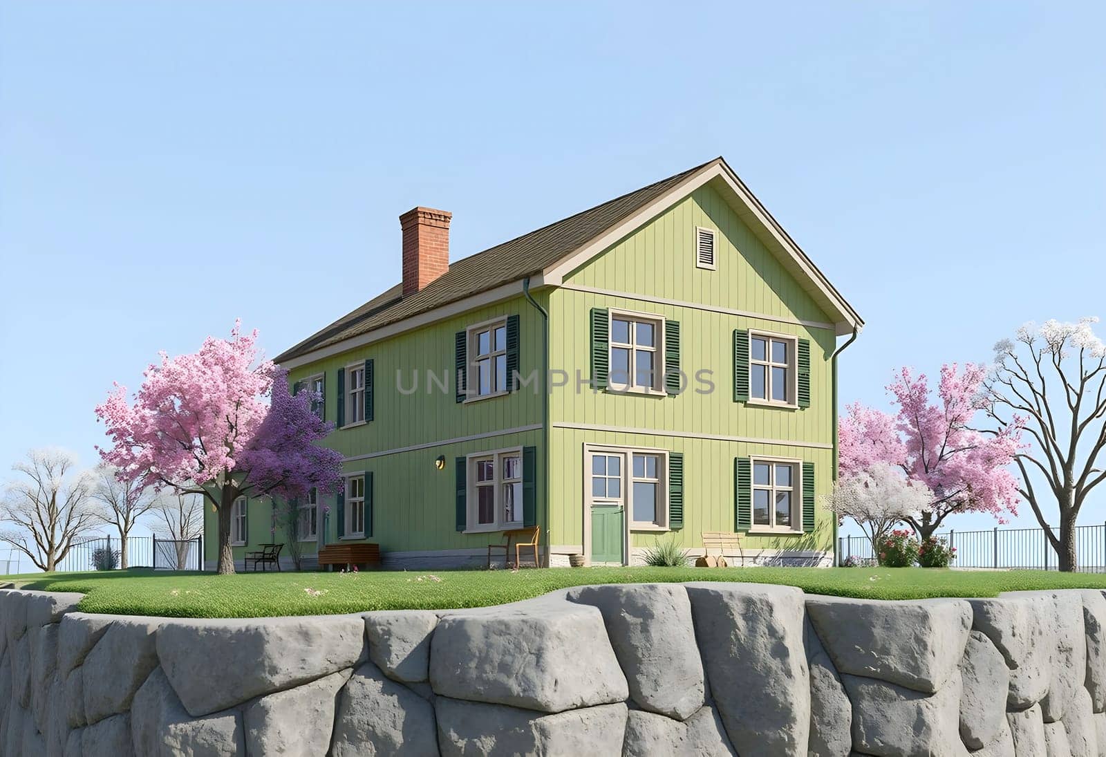 house building spring villa hacienda flowers summer 3d render pink trees green nature rocks blue sky illustration generated ai alt. High quality 3d illustration hotel apartment garden