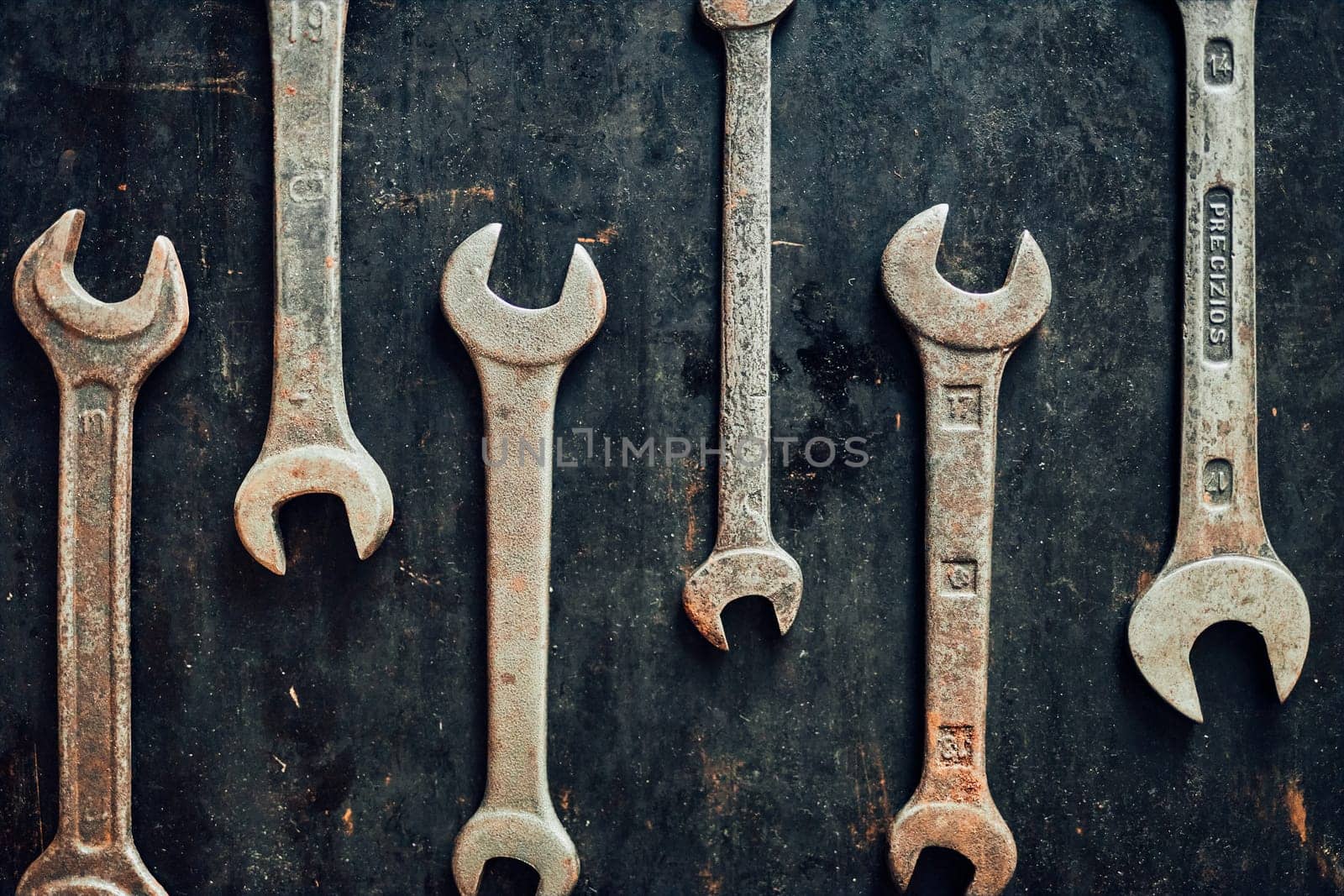 Spanners on steel surface. Old rusty wrenches for maintenance. Mechanic hardware tools to fix. Technical tools background with copy space