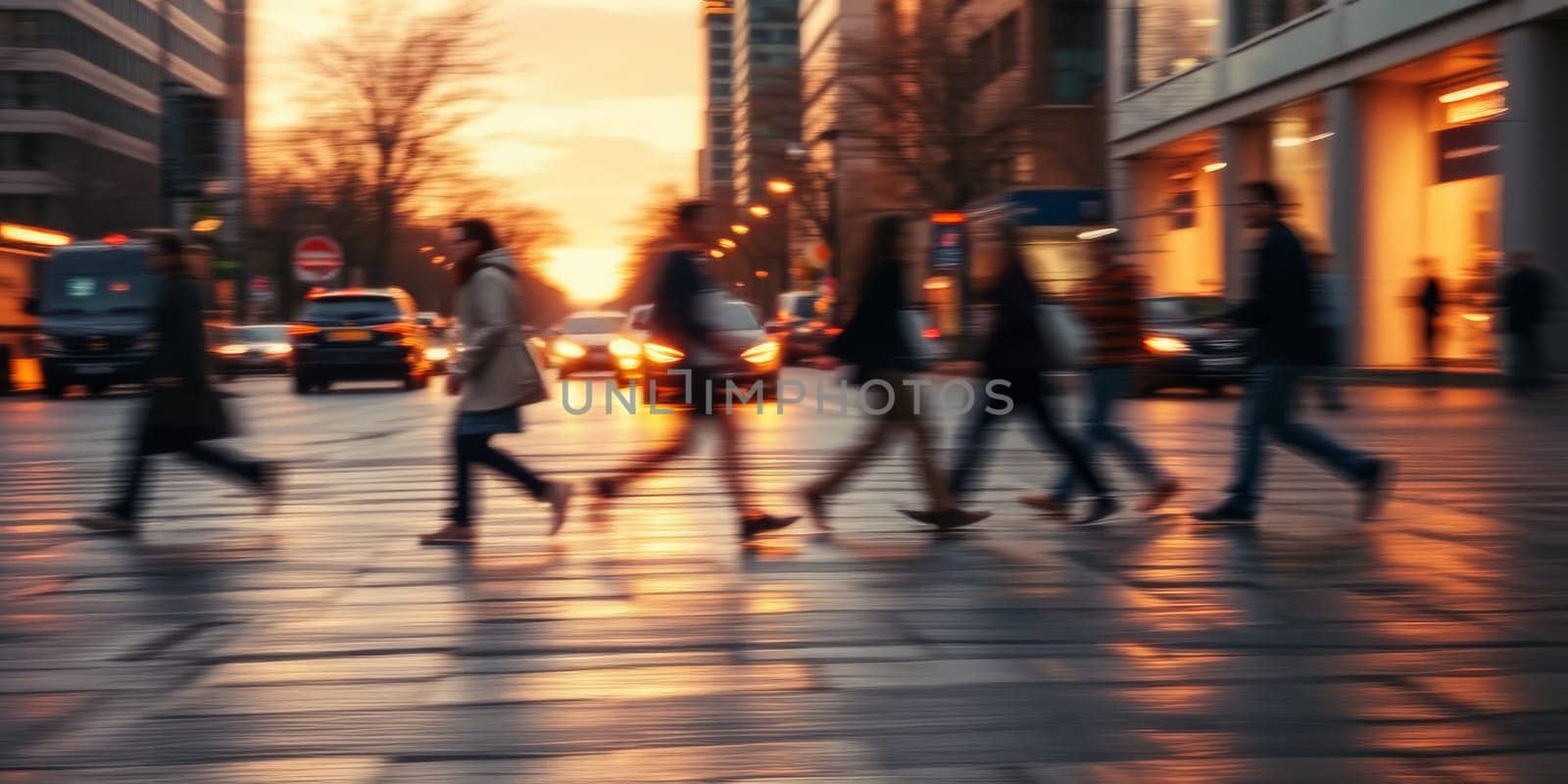 A lot of people walk along the pedestrian crossing during rush hour. High quality photo