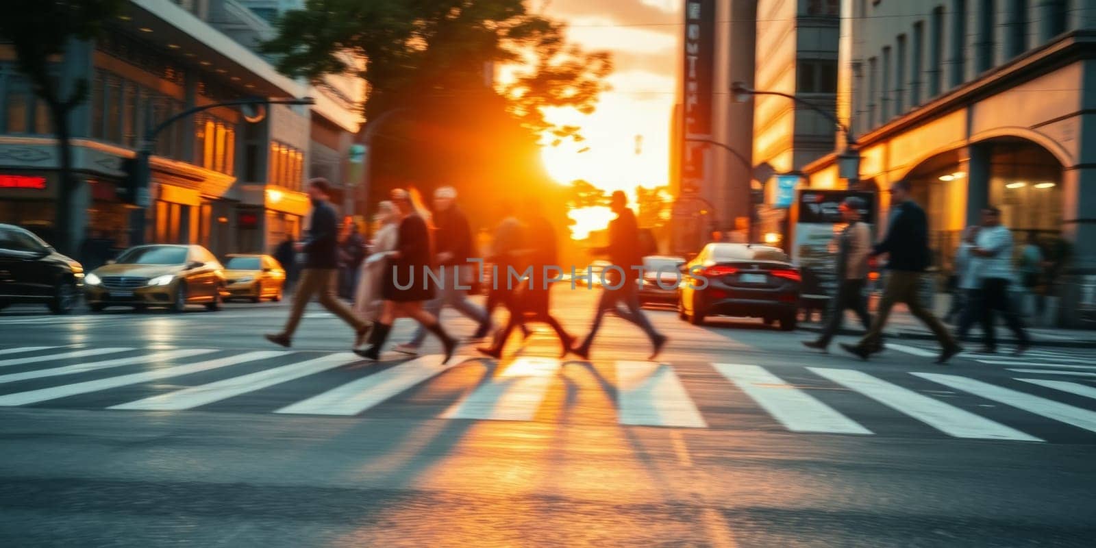 A lot of people walk along the pedestrian crossing during rush hour. High quality photo