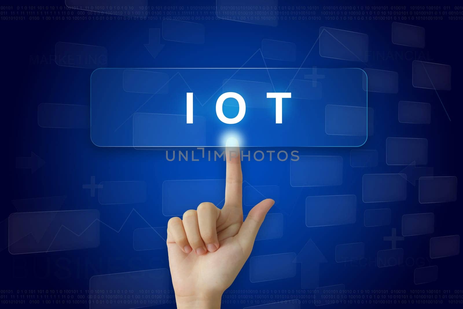 hand press on IOT or internet of things button on virtual screen