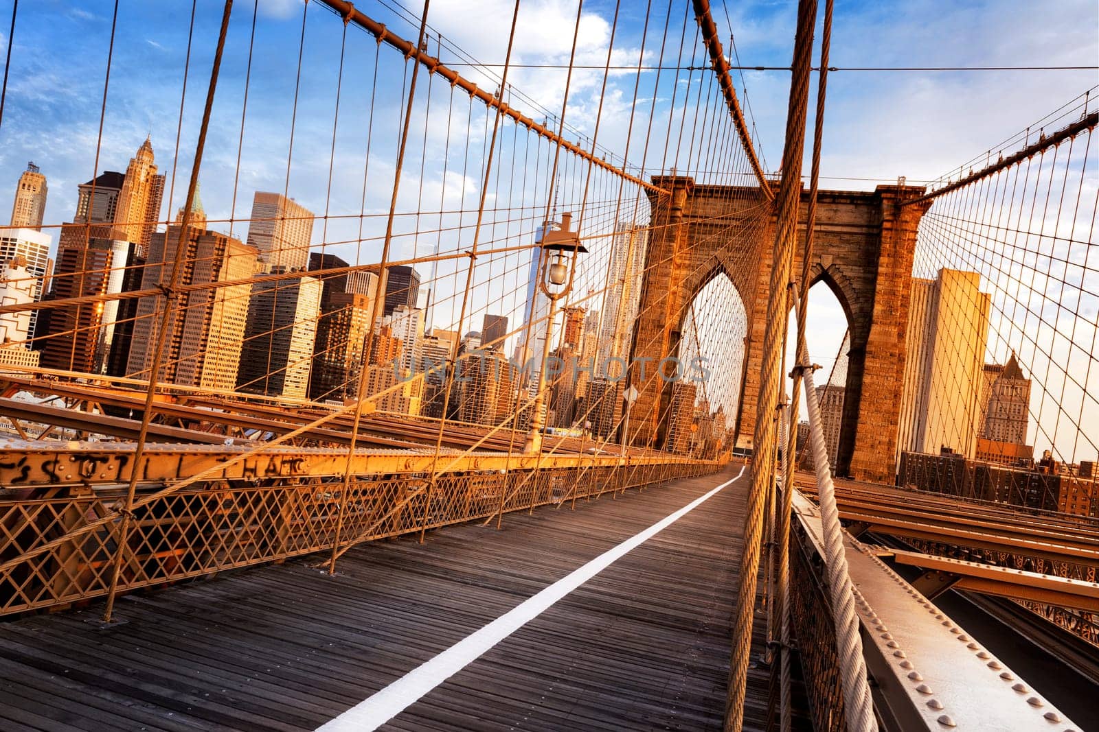 New York City, USA, early in the morning on the famous Brooklyn Bridge