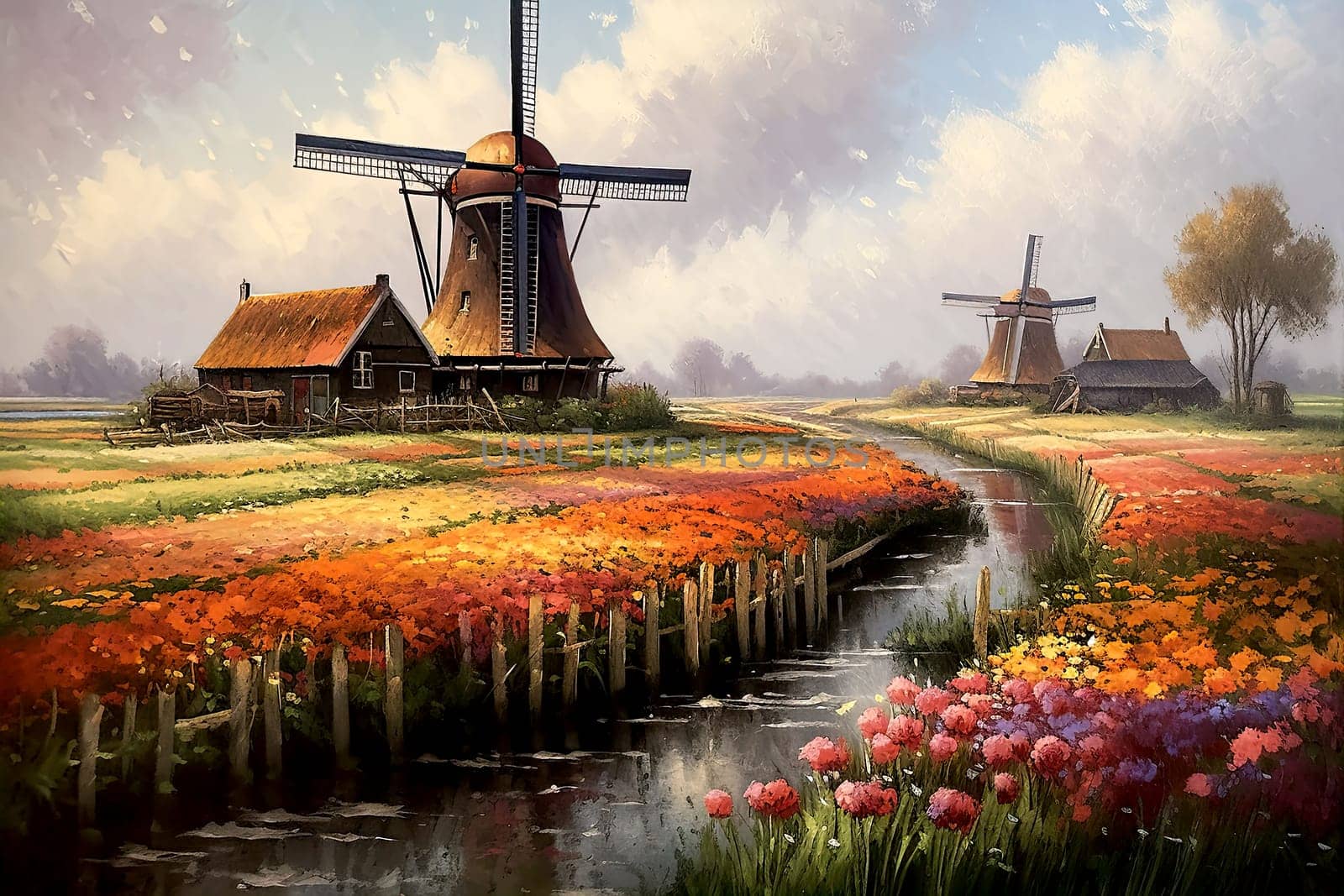 An old rural landscape with tulip fields, a windmill, and a farmhouse. Beautiful scenery of the Netherlands. The rural landscape is filled with lush fields and plantations, colorful flowers like tulips, and old houses. The sky is always a stunning shade of blue with fluffy clouds drifting by. Trees provide shade and the canals are a peaceful source of water. Whether it's summer or spring, the outdoors is a perfect place to be surrounded by nature's beauty.  Illustration AI.