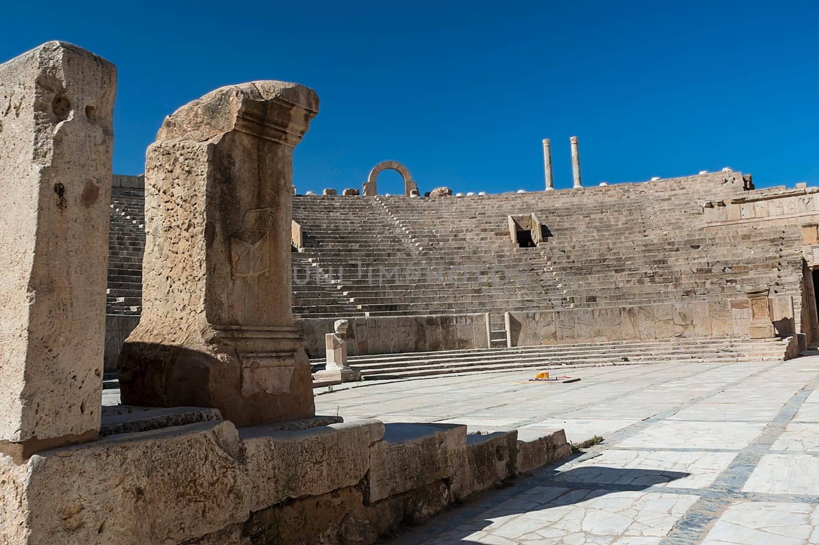 Archaeological site of Leptis Magna, Libya - 10/30/2006: The Ruins of the theater in the ancient Roman city of Leptis Magna.