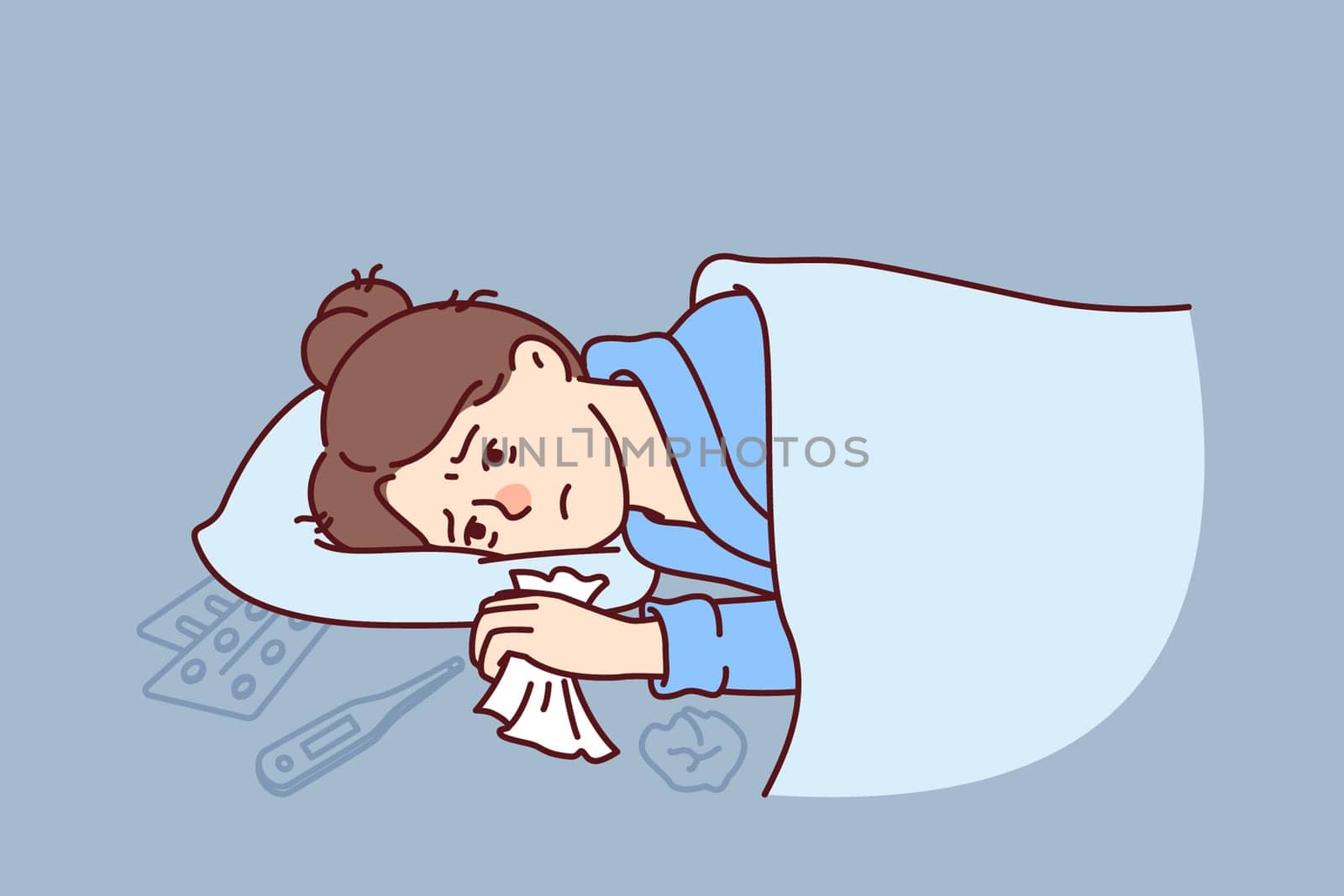 Woman sick with flu lies under blanket with handkerchief in hand near thermometer and medicines to treat fever. Sick girl needs qualified medical care due to outbreak of viral infection