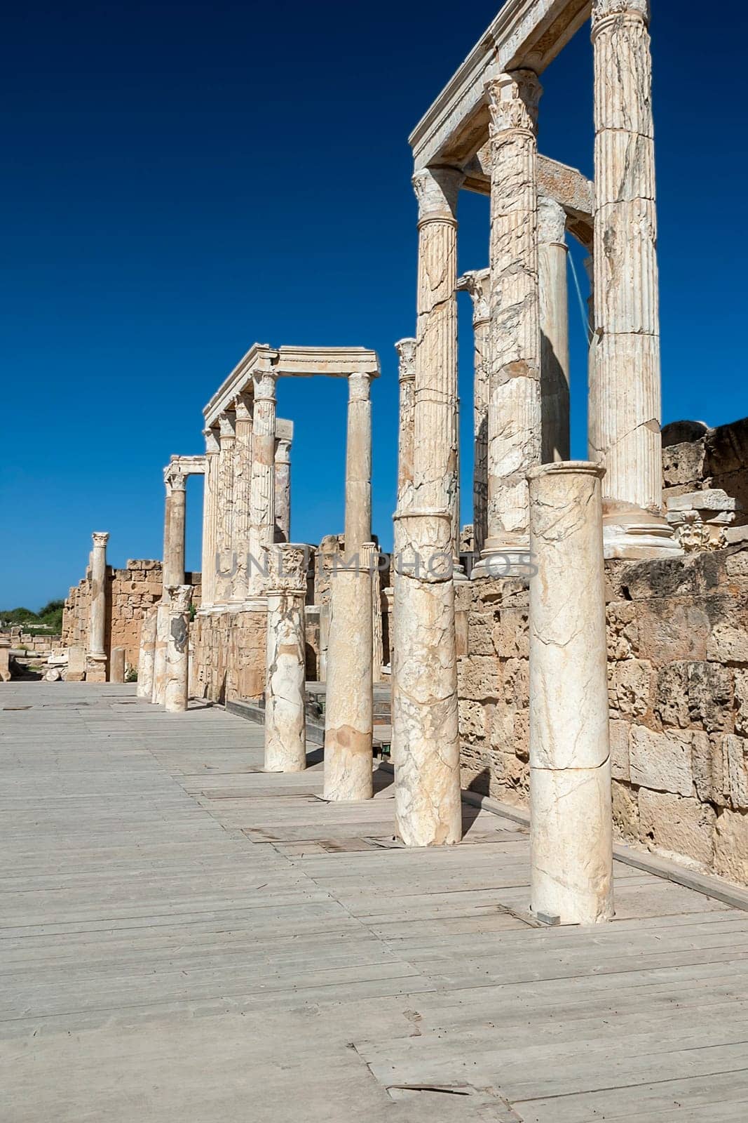 Archaeological site of Leptis Magna, Libya - 10/30/2006: The Ruins of the ancient theater in the ancient Roman city of Leptis Magna.