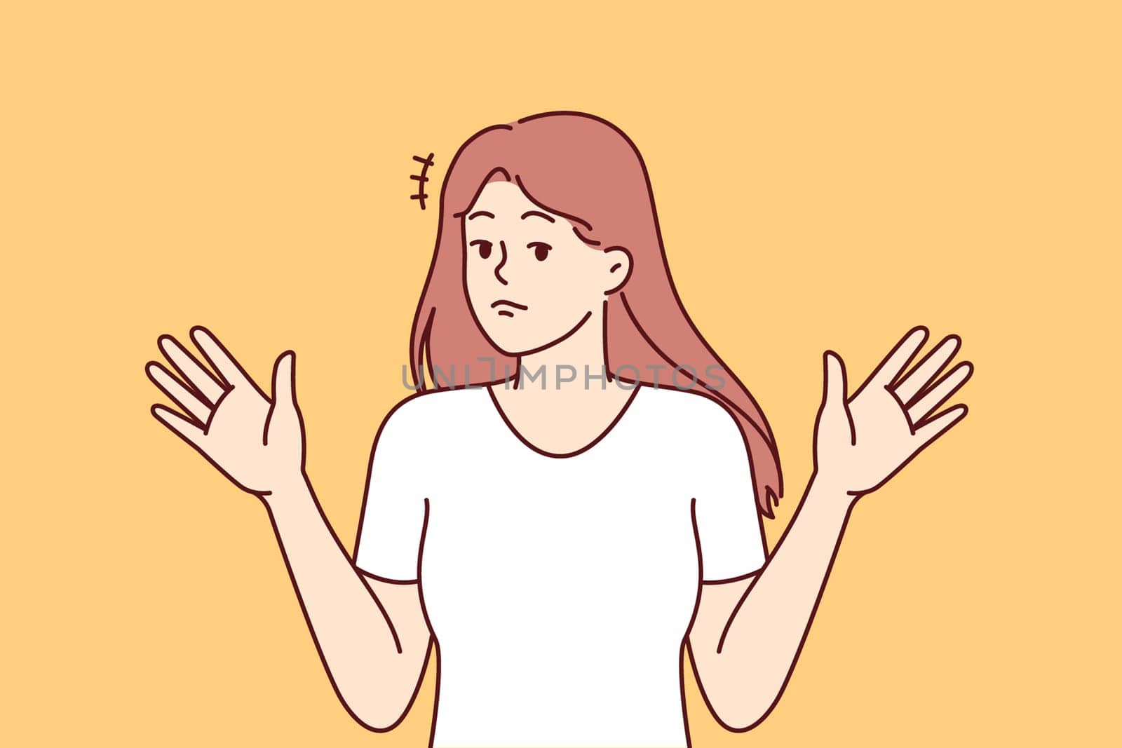 Woman throws up hands, denying involvement in problem or demonstrating ignorance of answers to question asked. Girl raises hands, denying presence of trouble and being in confusion or uncertainty