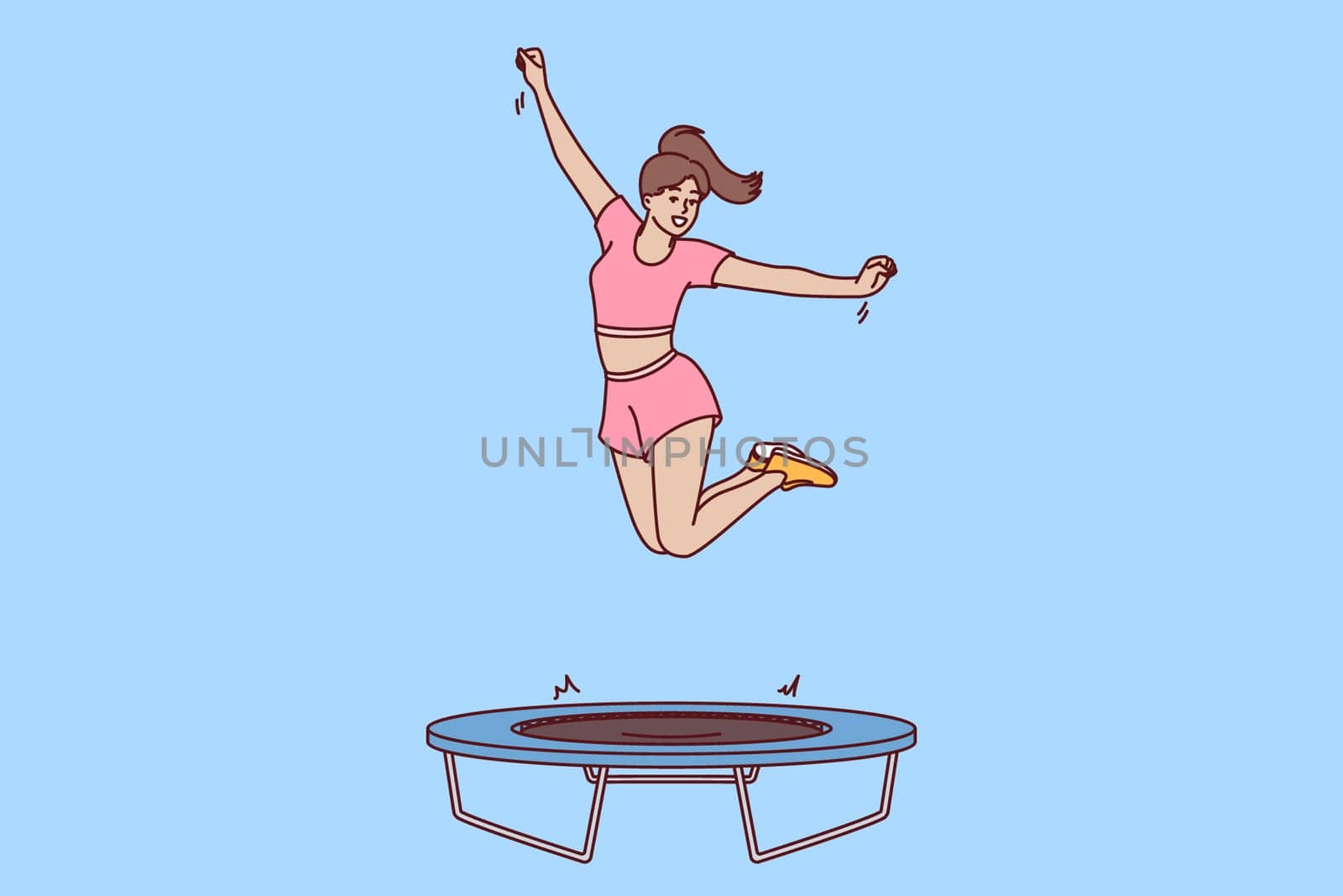 Woman fitness trainer jumps on trampoline teaching clients of sports club to do exercises correctly. Girl is engaged in fitness using trampoline for jumping helping to become slim and beautiful