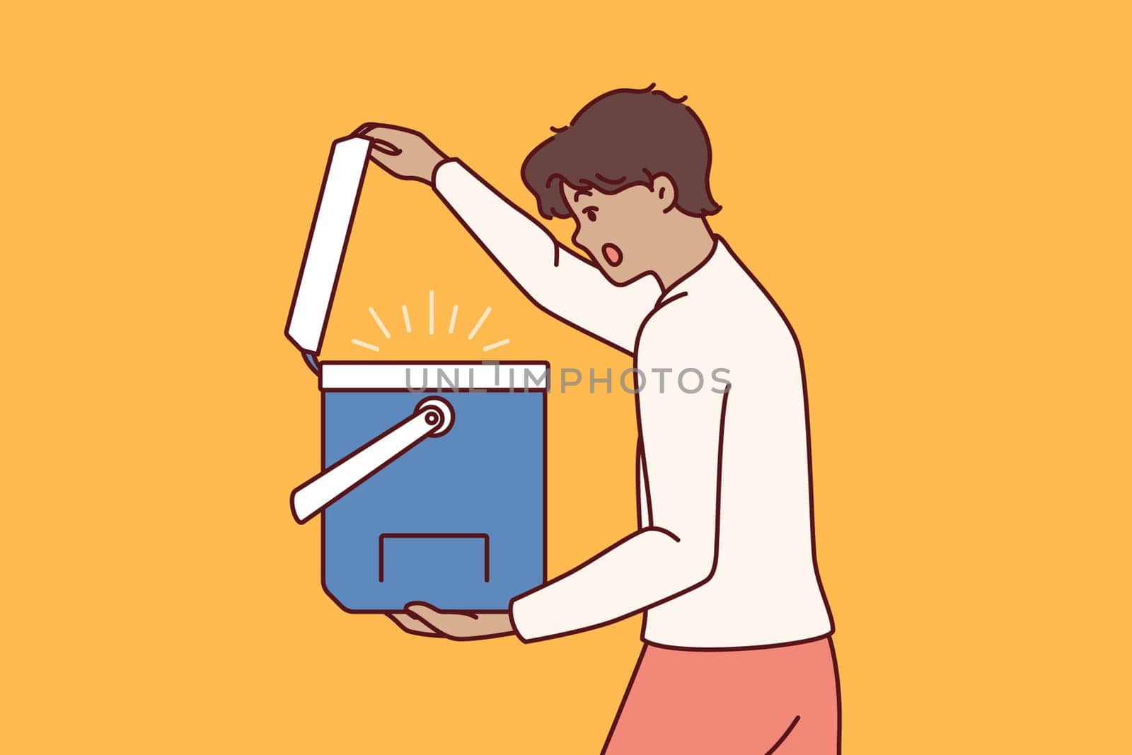 Surprised man opens portable refrigerator for ice cream or drink and is shocked to see contents. Young guy with portable refrigerator yells wow sees cool drinks for picnic or camping