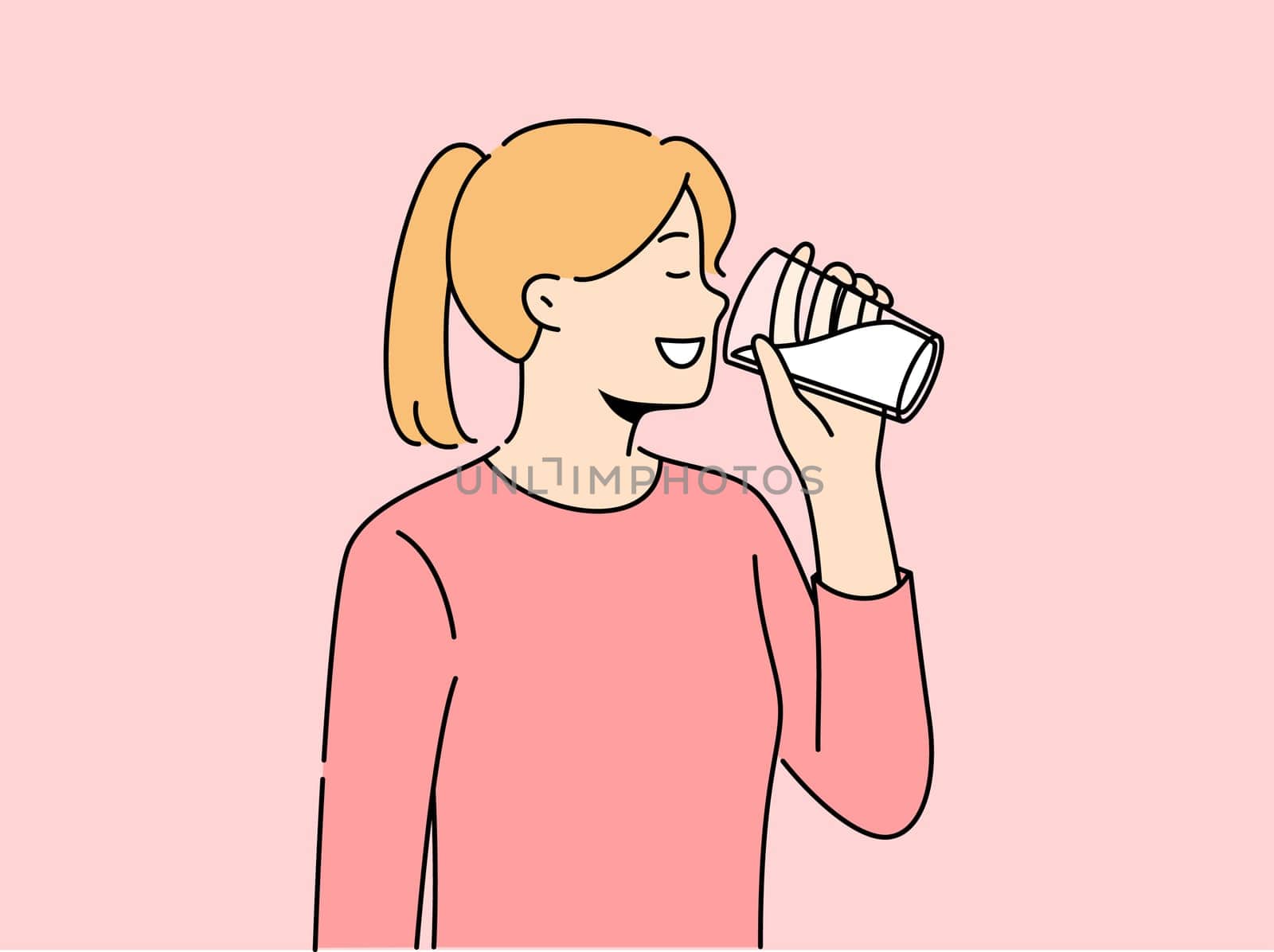 Smiling girl drinking milk from glass. Happy woman enjoy dairy product for calcium and nutrition organic diet. Vector illustration.
