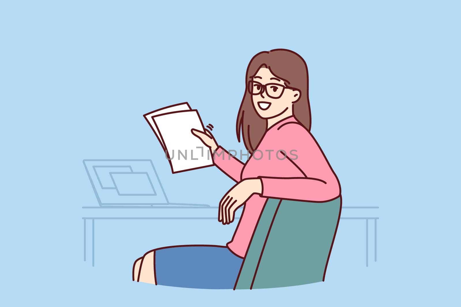 Successful woman office worker holds papers and sits at table with laptop making career as accountant or lawyer. Successful businesswoman turning around and looking at camera while doing paperwork
