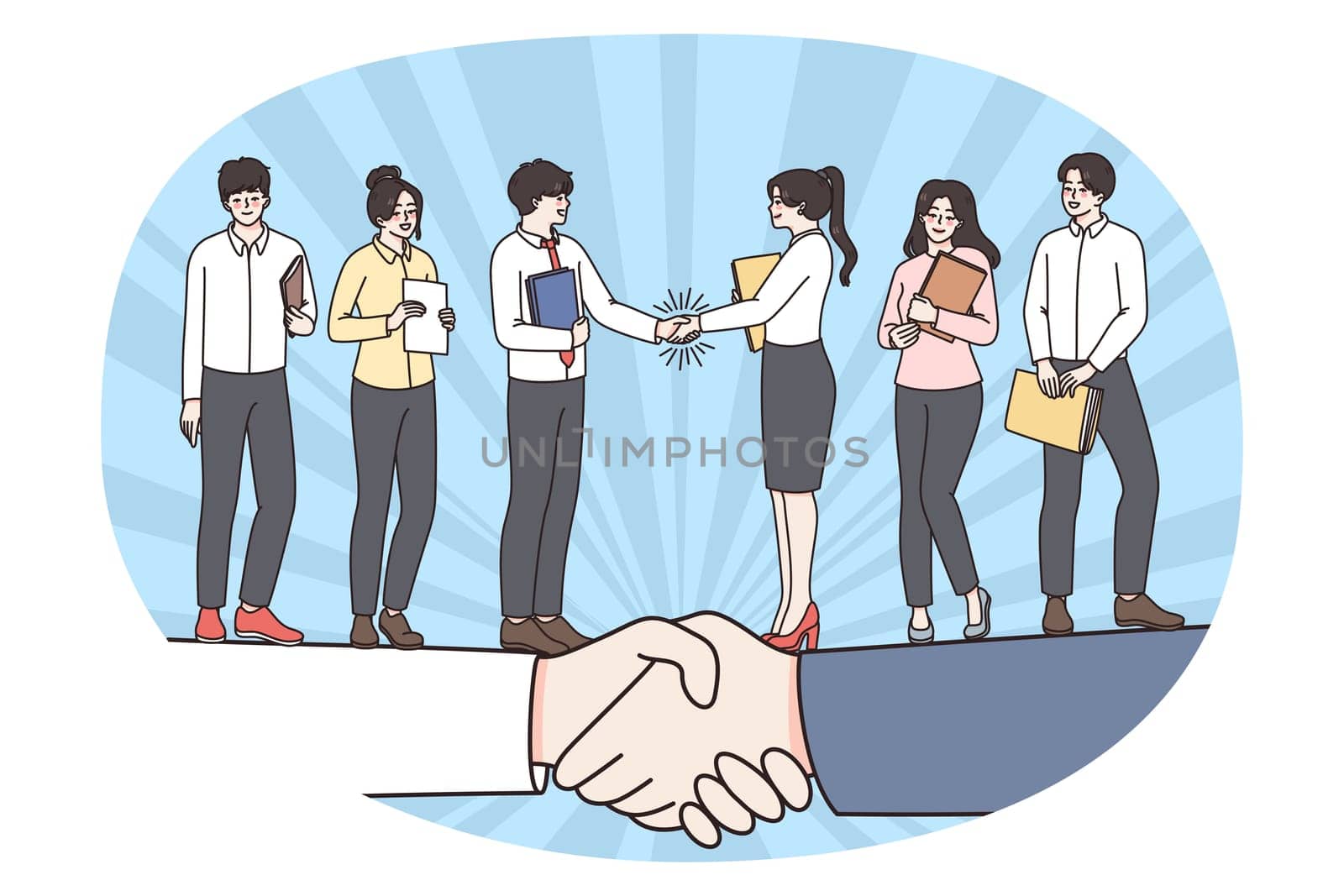 Businesspeople shake hands close agreement making deal with colleagues. Happy business partners or clients handshake after successful negotiations. Partnership. Vector illustration.