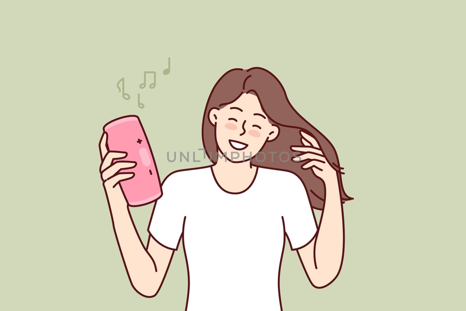 Woman with wireless portable speaker smiling enjoying loud rhythmic music of favorite rock band. Young girl with pink portable speaker enjoys listening to playlist, creating disco atmosphere