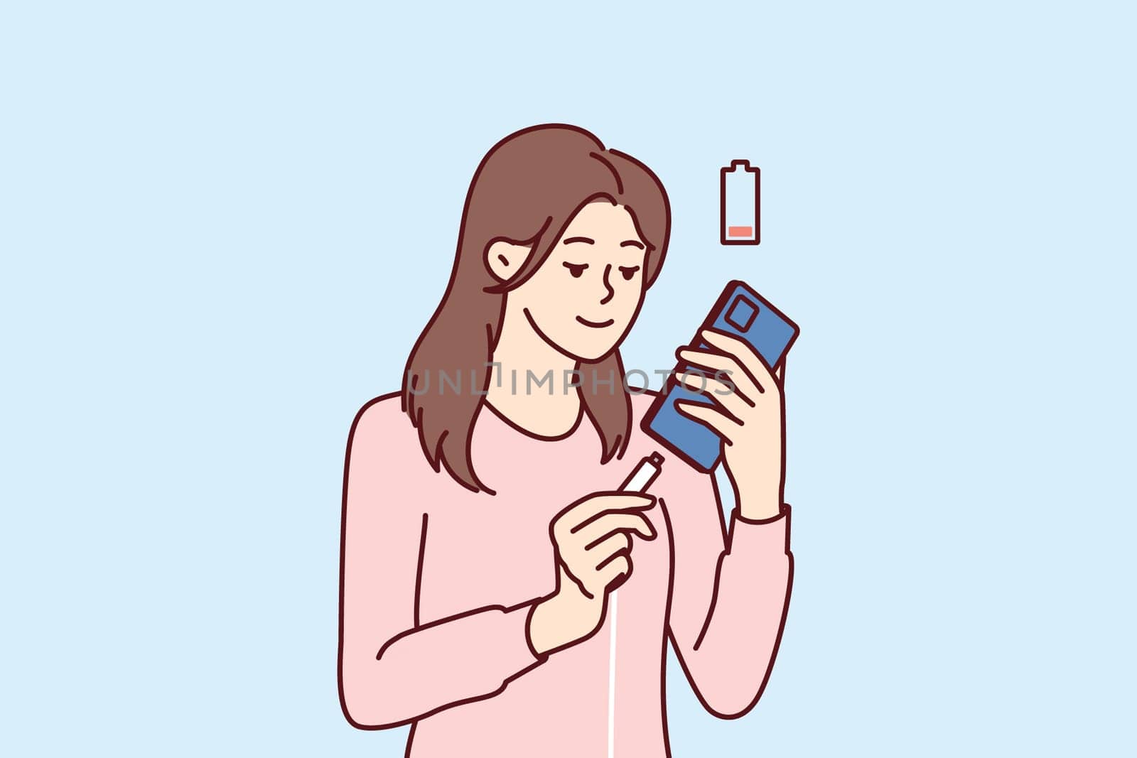 Woman holding smartphone uses cable to charge battery after seeing red indicator of dead accumulator. Girl with mobile phone connects type-c or usb mini wire for fast battery charging