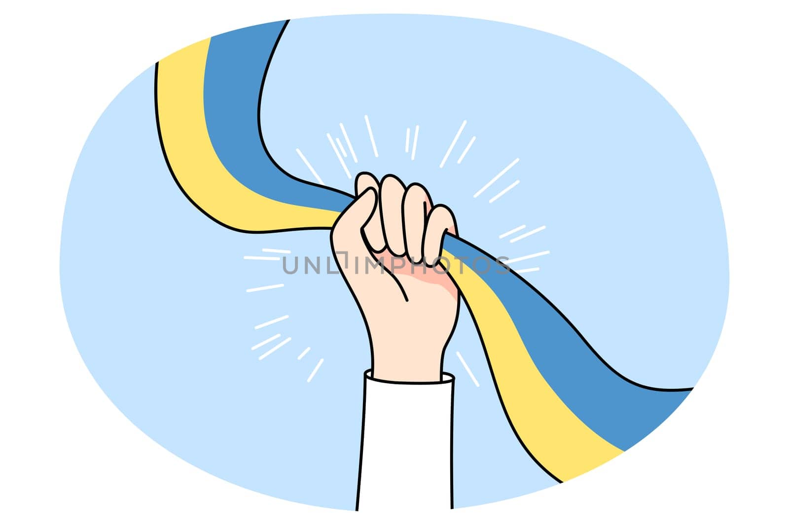 Person hand holding Ukrainian flag saying Stop war protest against invasion. Activist support Ukraine stand against Russia invade European country ask peace. Flat vector illustration.