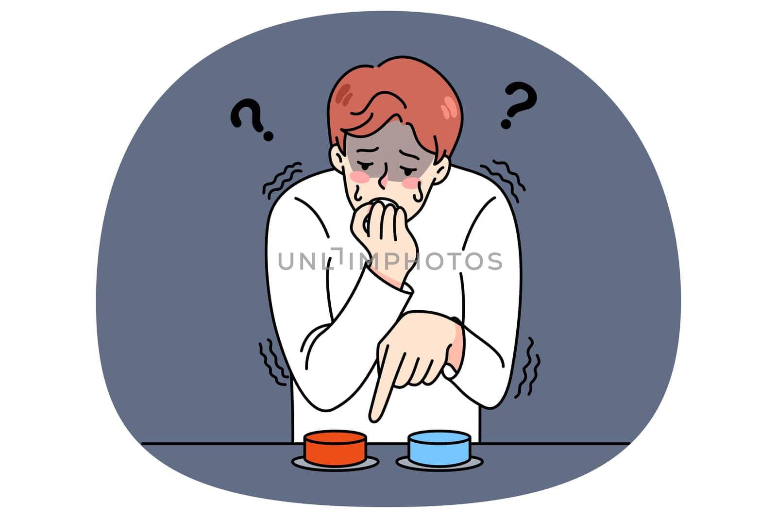 Distressed young man choose button to press feel confused and anxious. Stressed guy make choice between two options. Dilemma and alternative. Decision-making. Vector illustration.