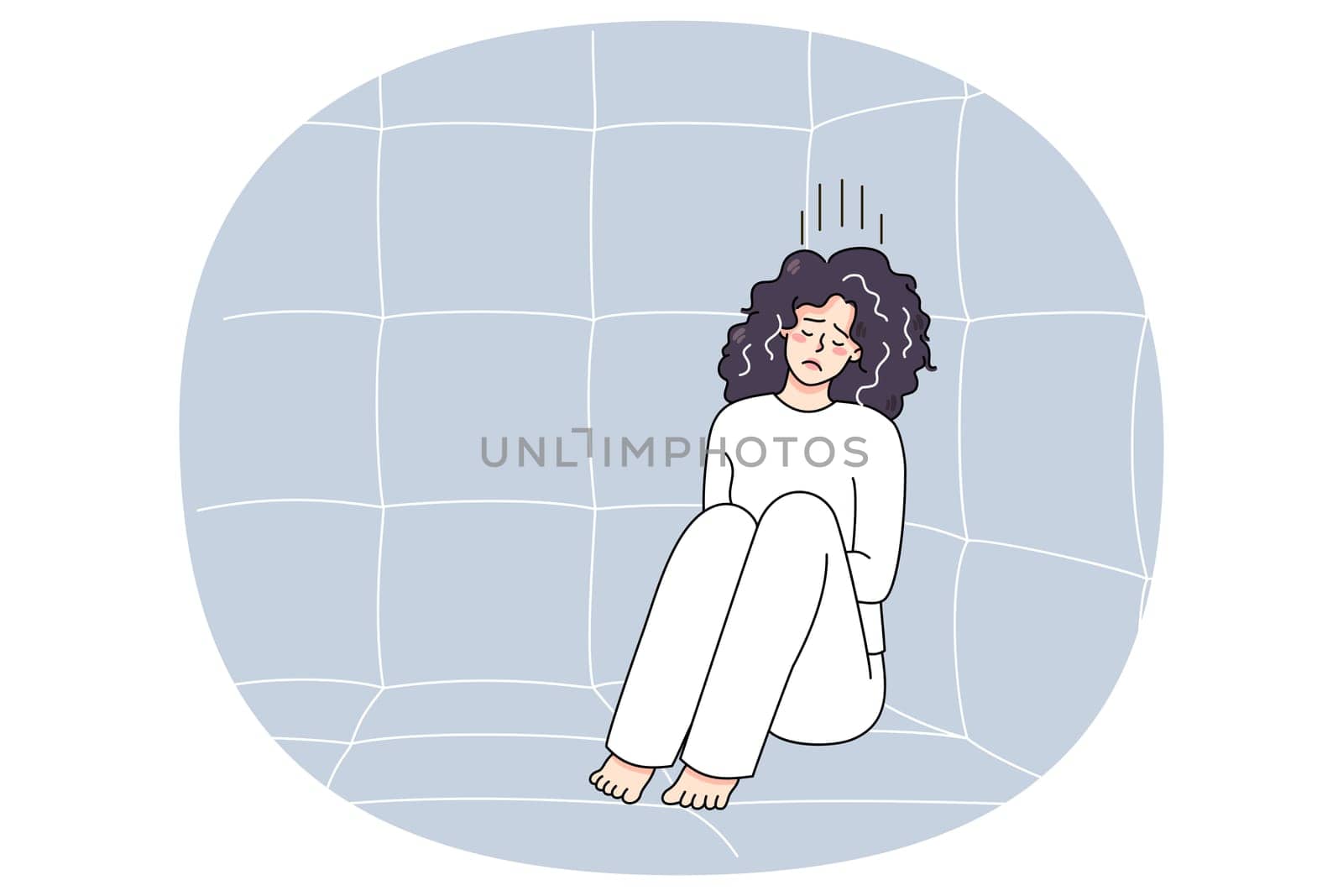 Unhappy sick woman in straitjacket sit on floor in psychiatric clinic suffer from mental disorder. Upset ill female patient or madhouse struggle with psychiatric issues. Vector illustration.