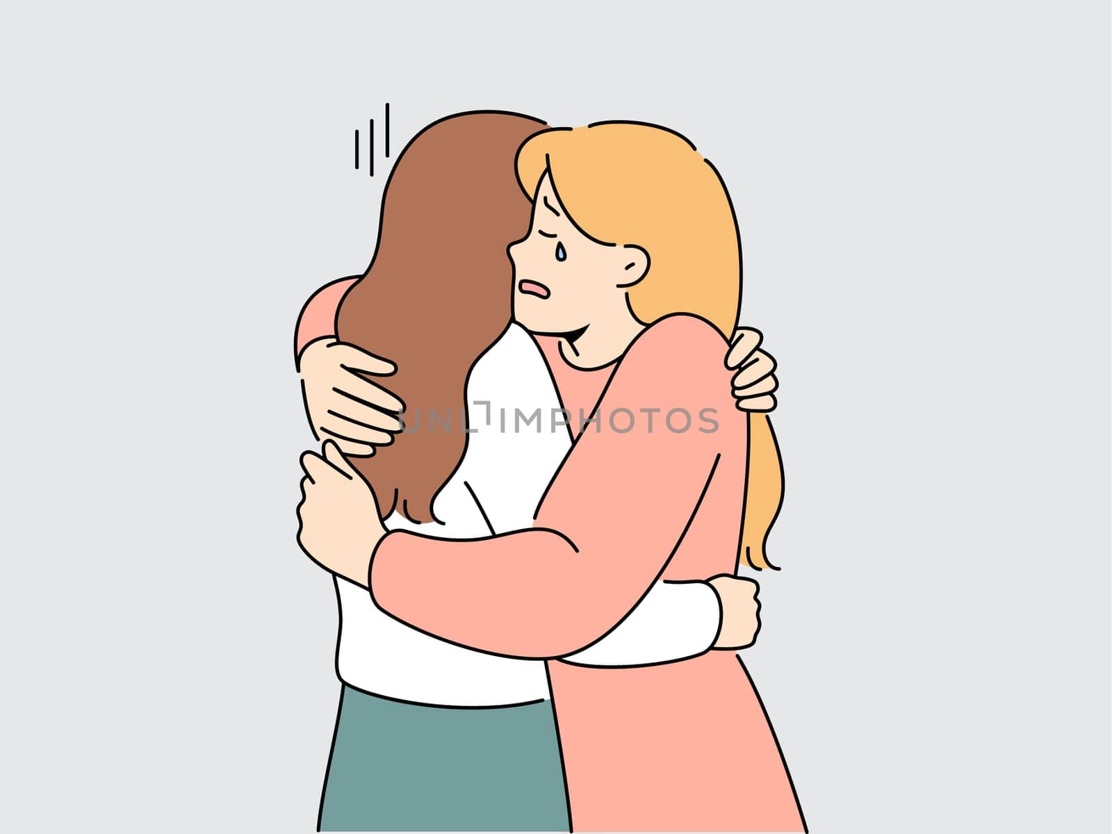Supportive woman hug crying unhappy friends suffer from breakup or divorce. Caring female embrace support distressed upset girlfriend feeling down. Vector illustration.