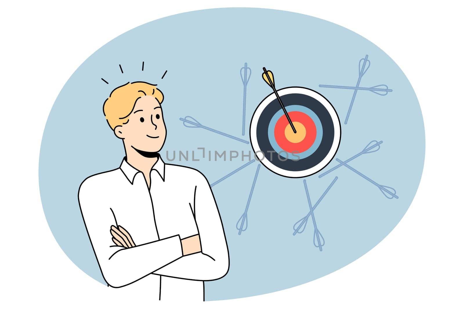 Happy young businessman hit target with arrow after several failure attempts. Concept of business success and goal achievement. Man employee reach aim. Flat vector illustration.