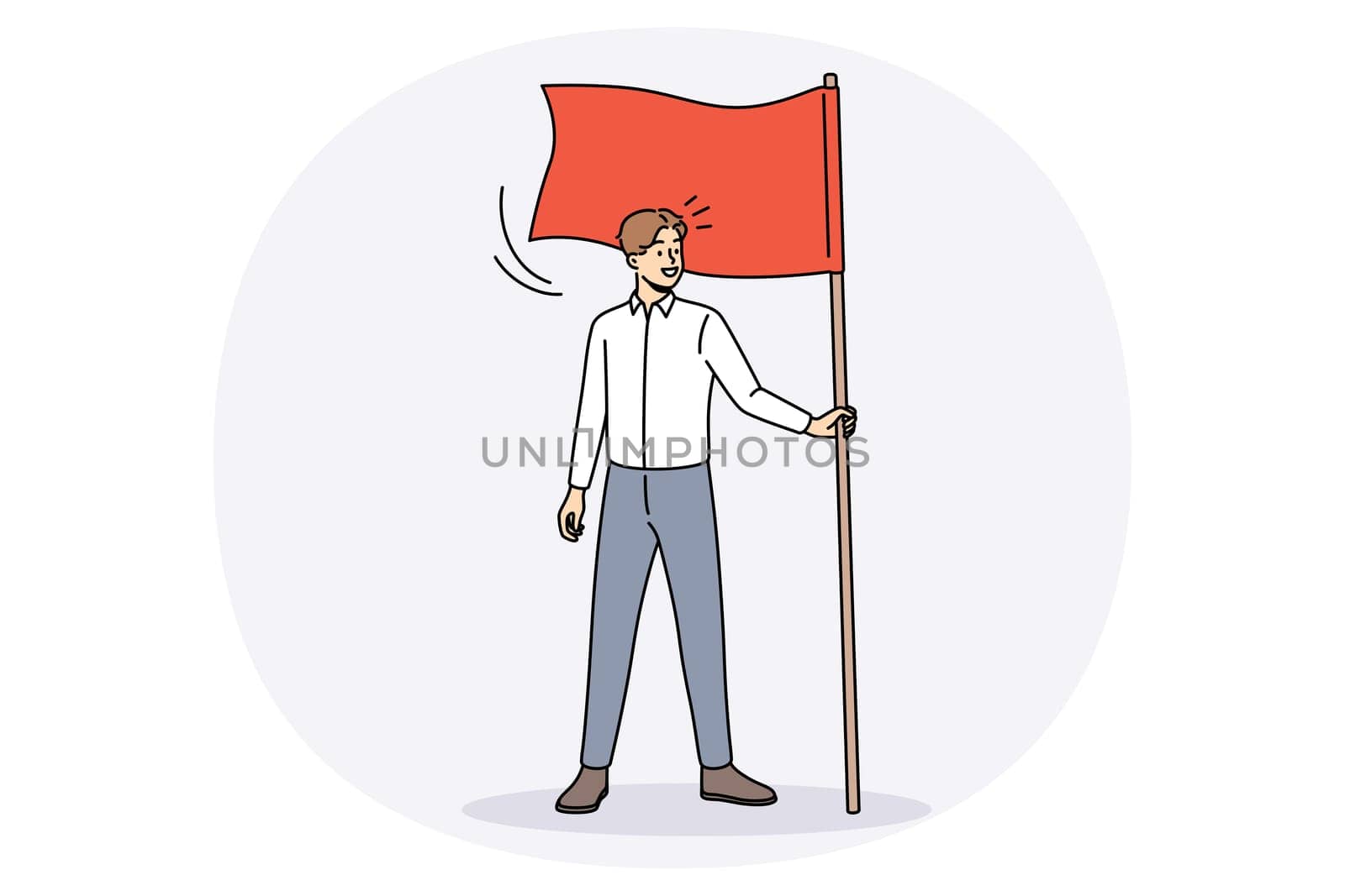 Happy young businessman hold flag demonstrate goal achievement. Smiling male employee or worker show leadership and motivation. Aim accomplishment and success. Vector illustration.