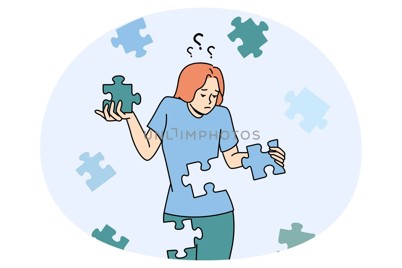 Confused young woman with jigsaw puzzles rebuild personality or identity. Frustrated unhappy girl recover from depression or mental psychological problems. Rehabilitation. Vector illustration.