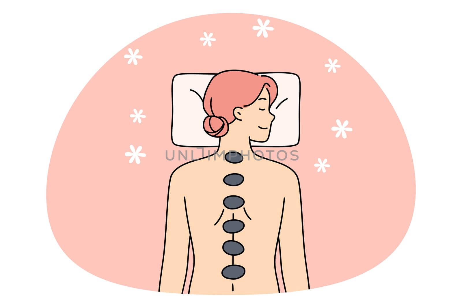 Calm young woman lying naked enjoy massage in spa saloon. Happy relaxed girl have body care stone therapy in wellness center or salon. Cosmetology and beauty. Flat vector illustration.
