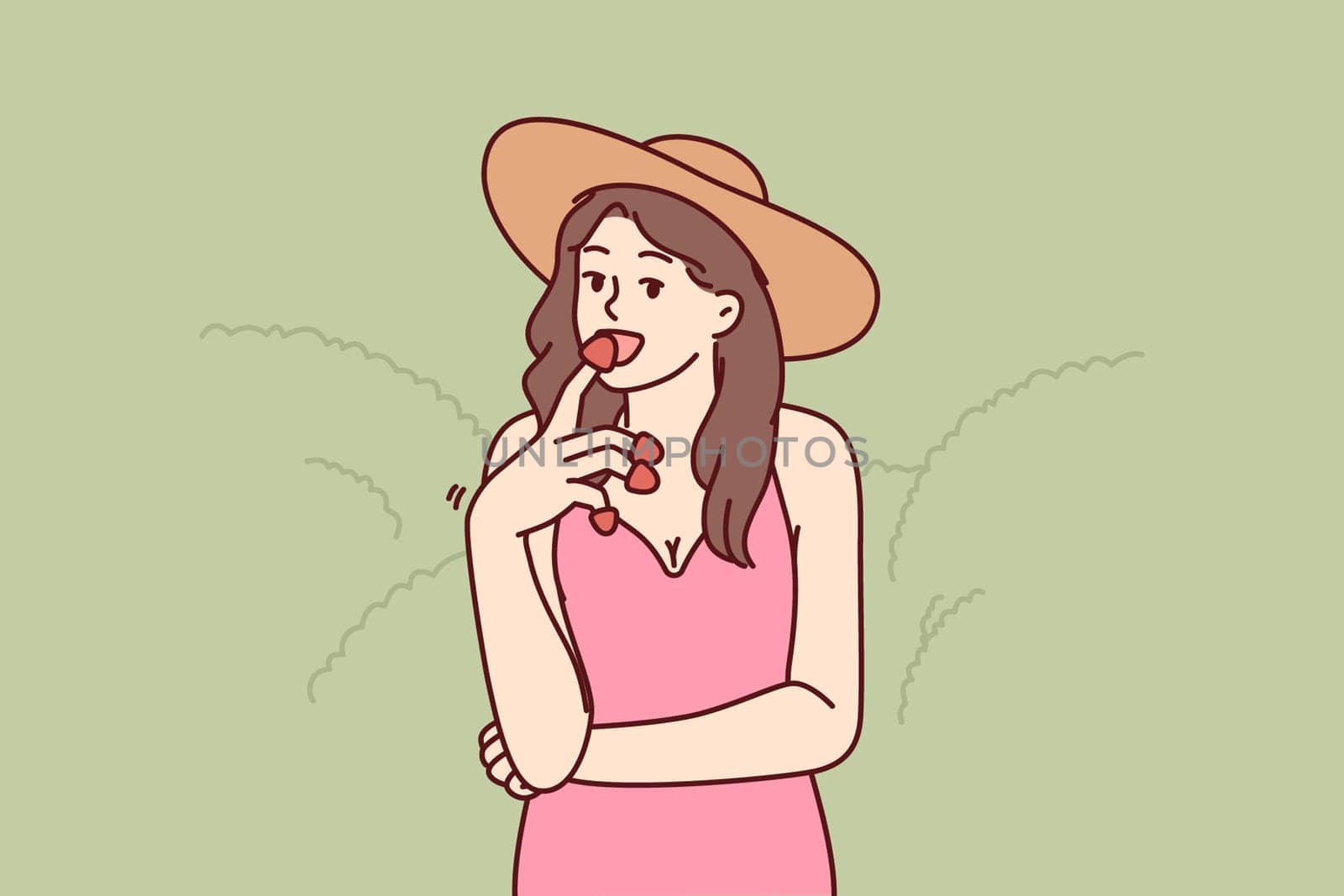 Woman eats appetizing strawberries enjoying taste of fresh berries found on farm or plantation. Girl in hat who owns farm tries organic strawberries grown without use of pesticides