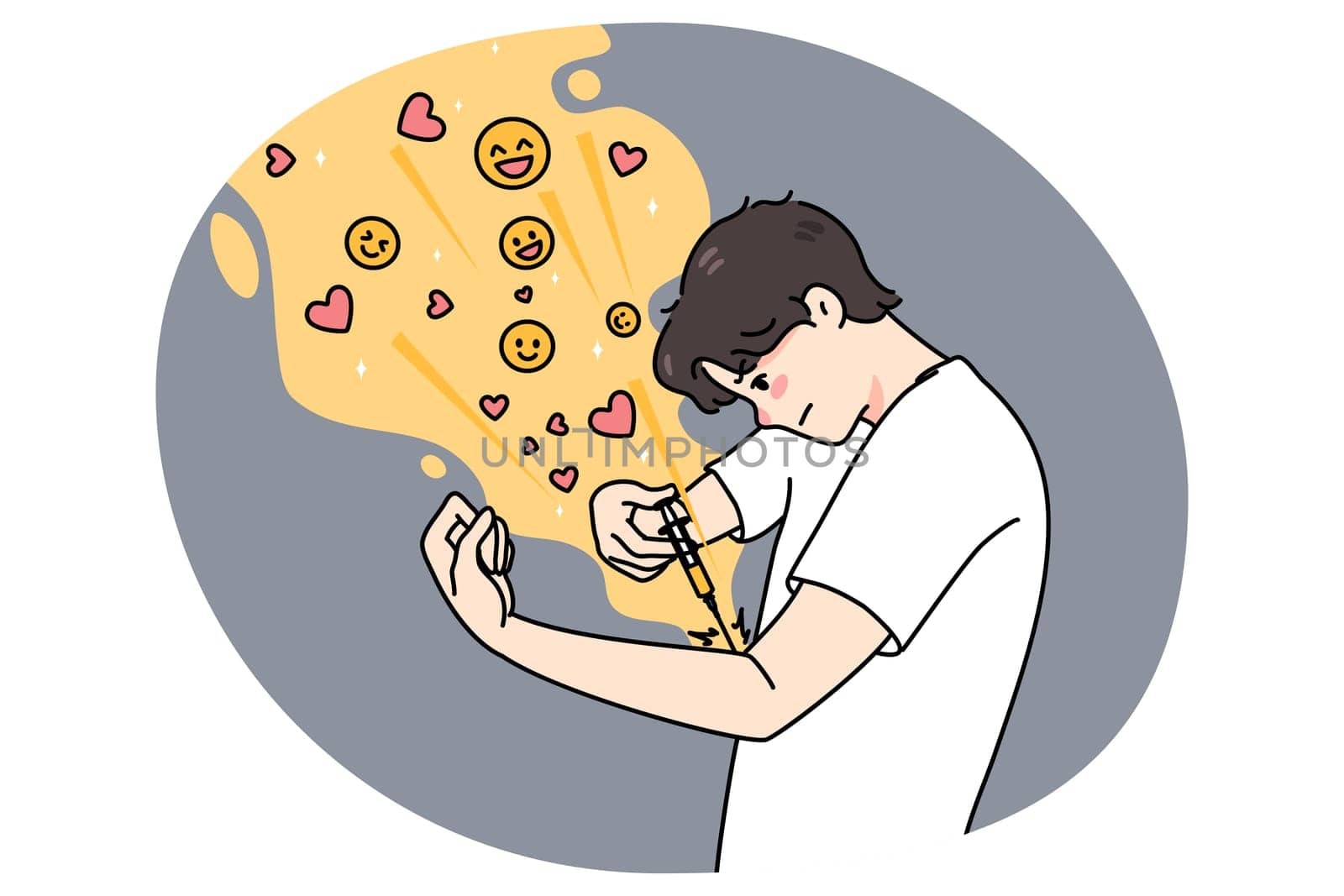 Young man inject likes and hearts with syringe. Concept of public approval and social media addiction. Acknowledgment and feedback dose. Mental problem. Flat vector illustration.