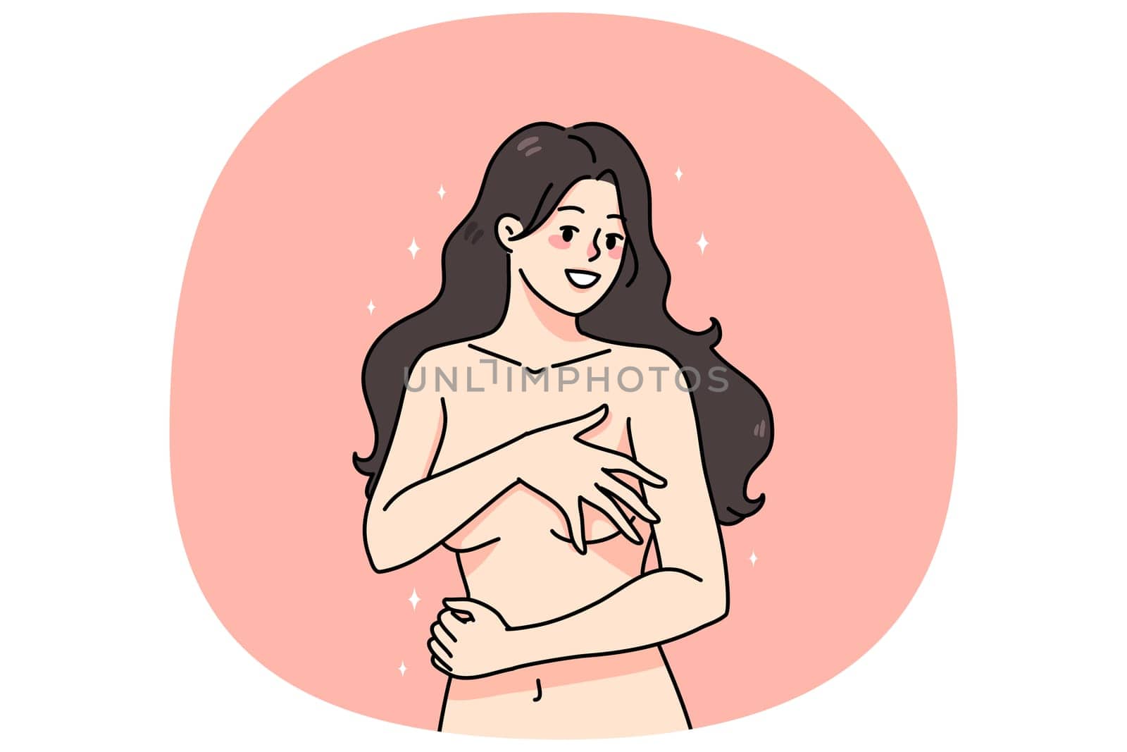 Happy young naked woman isolated on pink studio background cover body with hands. Smiling sexy millennial girl with no clothes on hide figure. Art and nudity. Vector illustration.