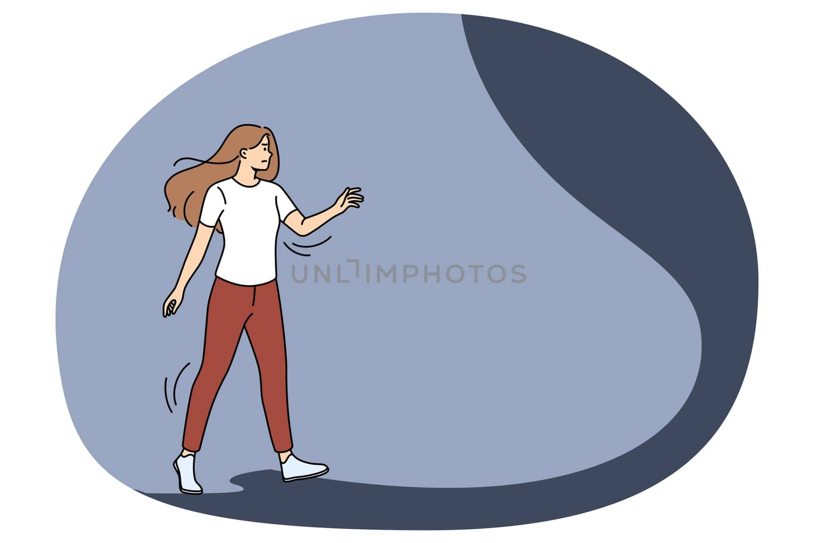 Anxious young woman look in unknown future. Worried girl on light path step dark way facing darkness and uncertainty. Fear and challenge, overcome difficulties. Vector illustration.