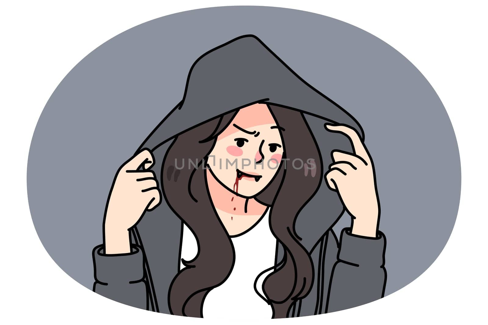 Young woman in mantle with hood have scary Halloween makeup on face. Gothic lady in eccentric costume feel playful and cheerful. Party, dressed as vampire. Vector illustration.