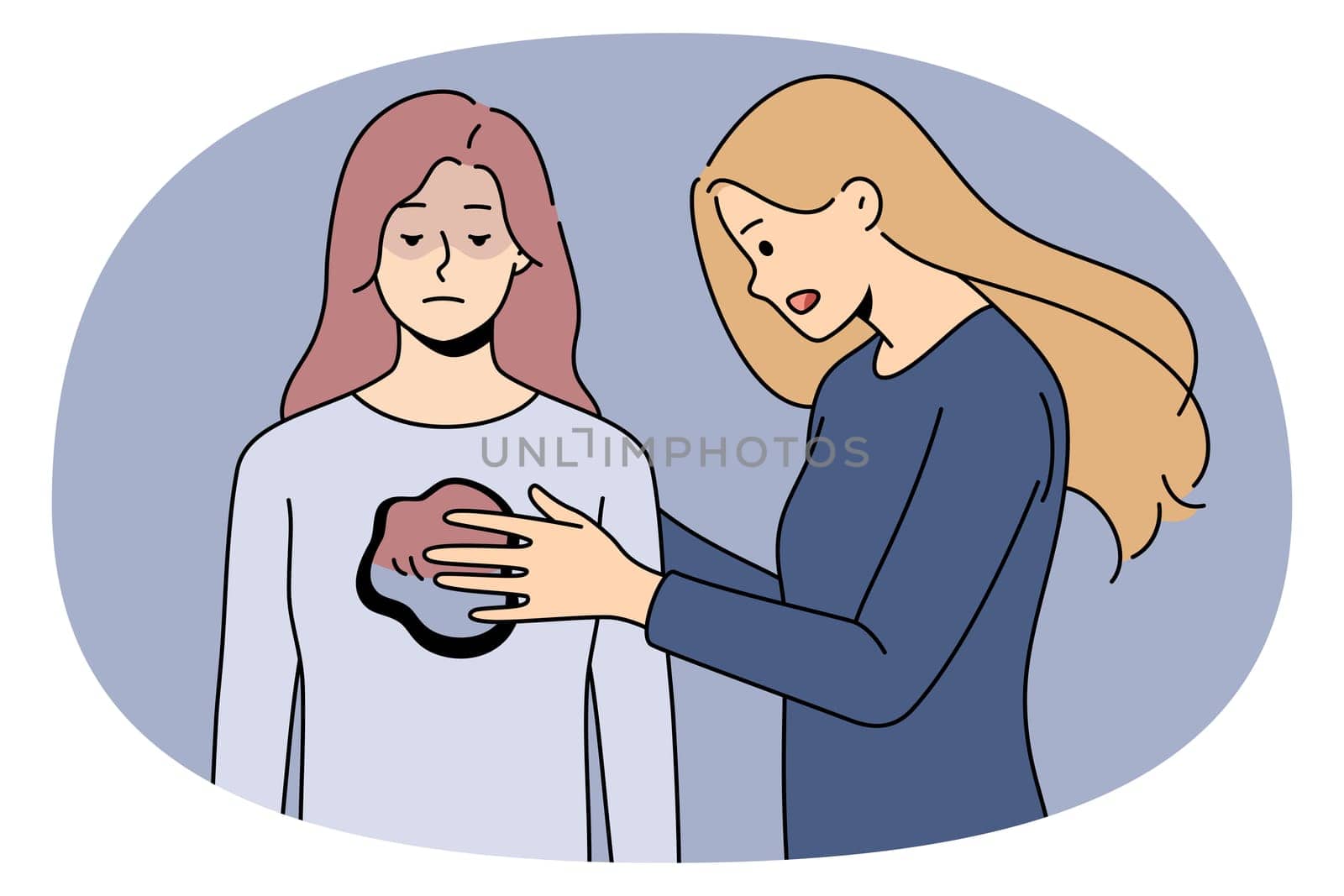 Woman cover with hands close hole in another female give support and help. Concept of psychological and mental aid and counseling. Psychotherapy and psychoanalysis. Vector illustration.
