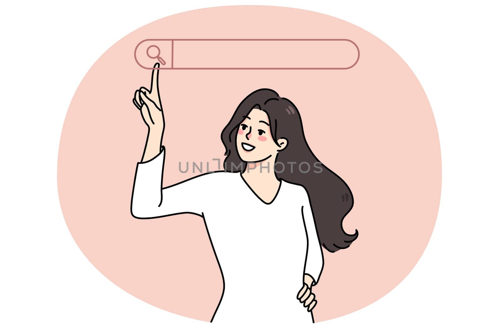 Smiling woman use search page on computer touchscreen seek for information. Businesswoman look for data online with web searching browsing line. Copy space. Vector illustration.