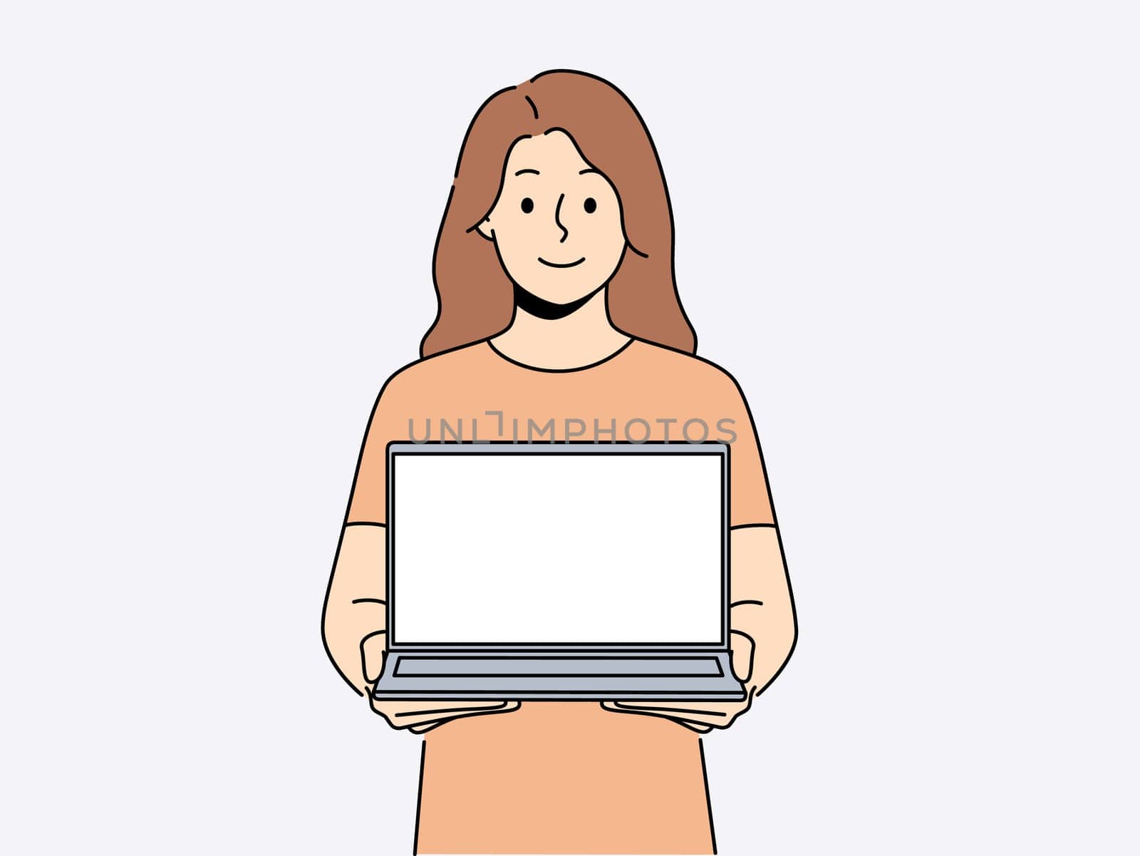 Smiling woman with open laptop. Happy female user with computer with empty mockup screen. Technology and advertising. Vector illustration.