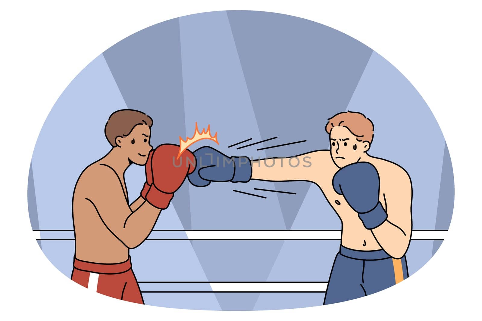 Male boxers in gloves fight at squared ring. Strong powerful sportsmen or fighter compete punching at Muay Thai boxing competition. Combat sport concept. Flat vector illustration.