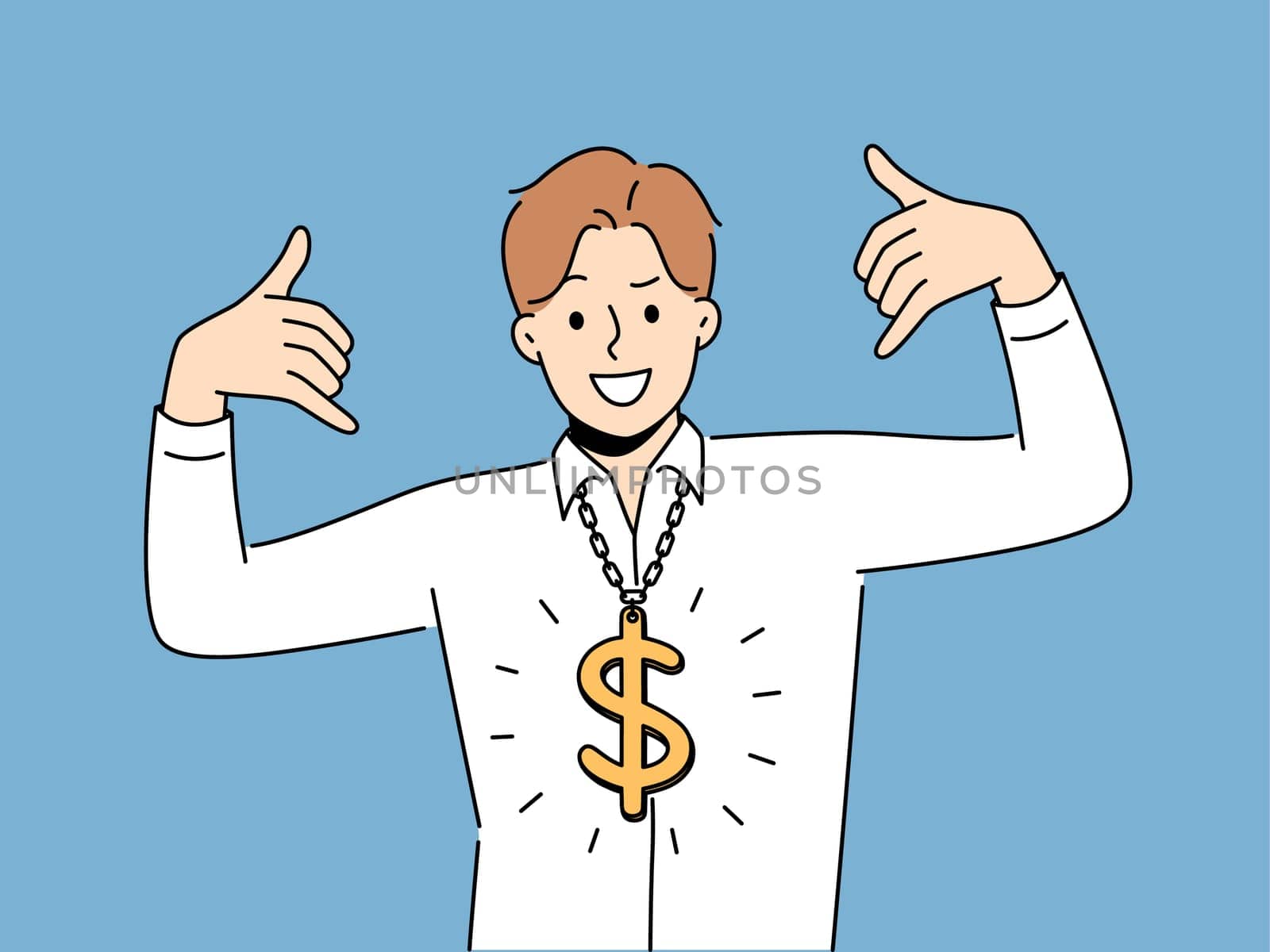 Confident businessman with dollar sign necklace. Smiling cool man with gold accessory on neck feel rich and famous. Money and wellness. Vector illustration.