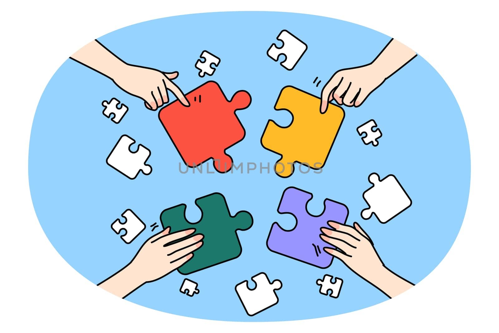 Close up of diverse people hands connect jigsaw involved in teambuilding activity together. Businesspeople or employees join puzzles participate in game. Teamwork. Vector illustration.