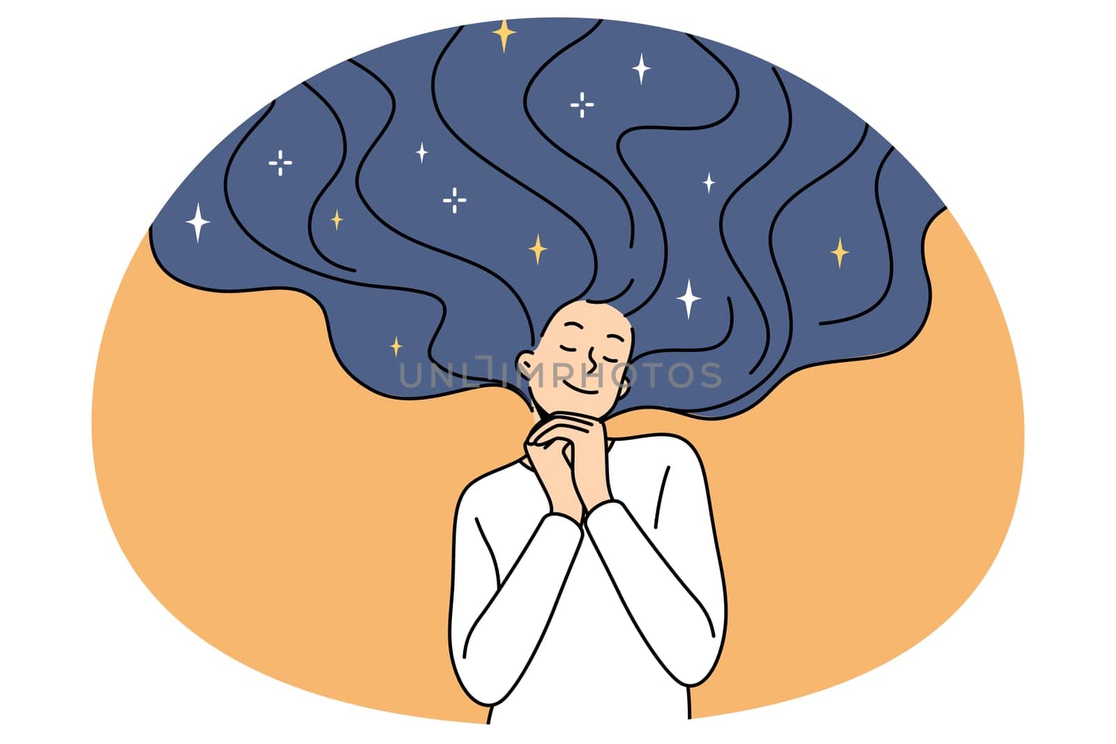 Happy young woman dream or imagine future. Calm smiling girl feel dreamy and pensive make plans or daydream. Visualization and imagination. Flat vector illustration.