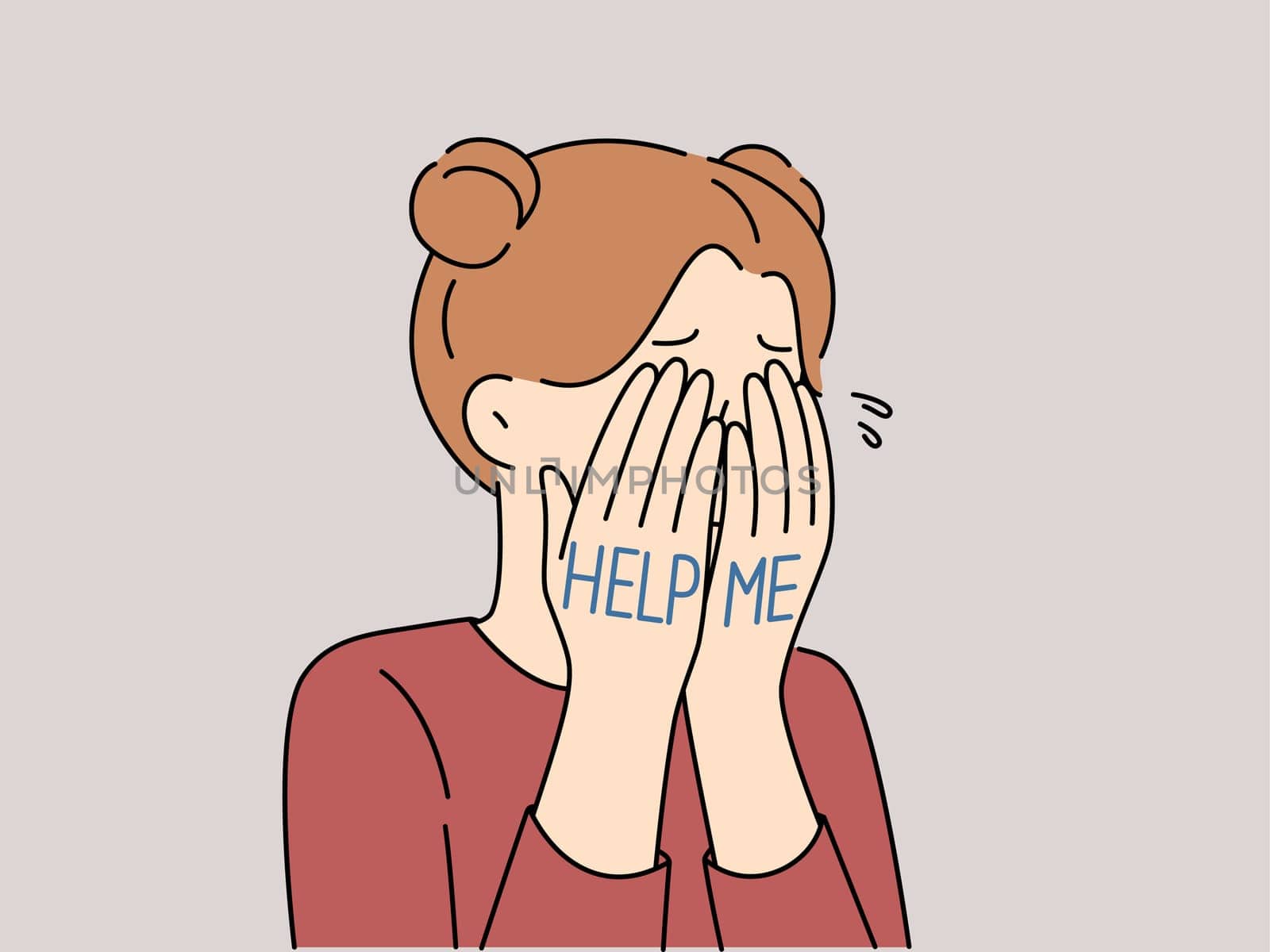 Unhappy little girl cry ask for help. Help me words on child hands. Concept of domestic violence and children abuse. Vector illustration.