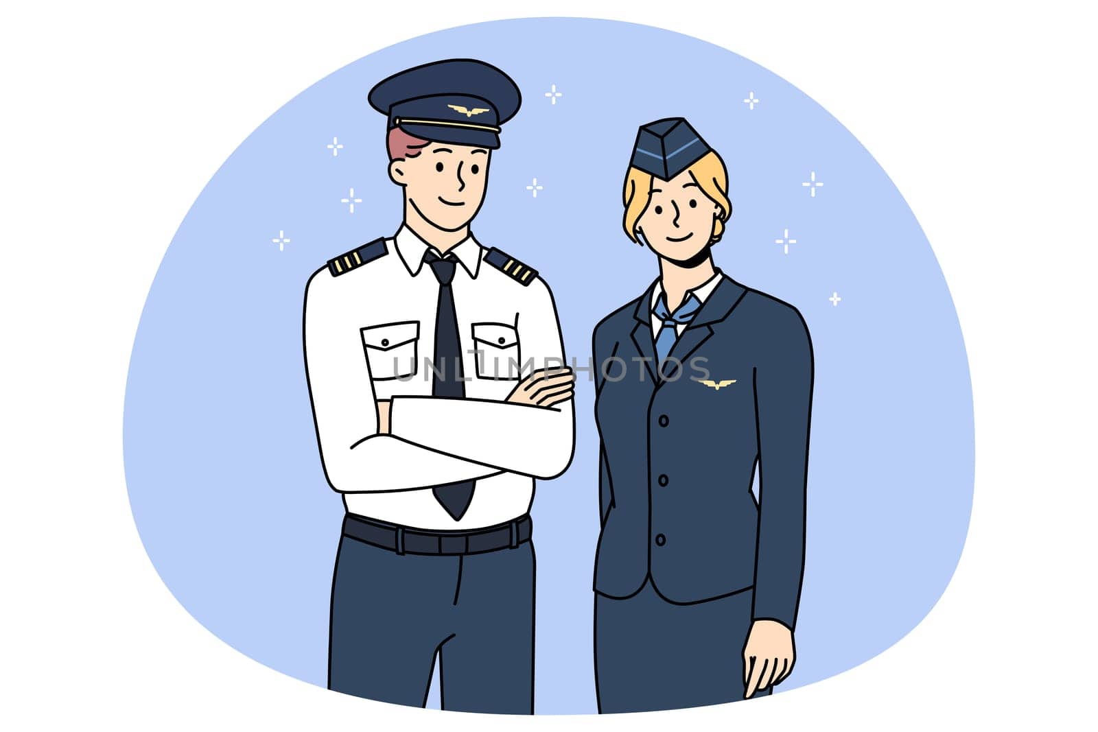 Professional airplane crew in uniform posing for picture together. Portrait of aircraft pilot and stewardess show good quality service. International or national airlines. Vector illustration.