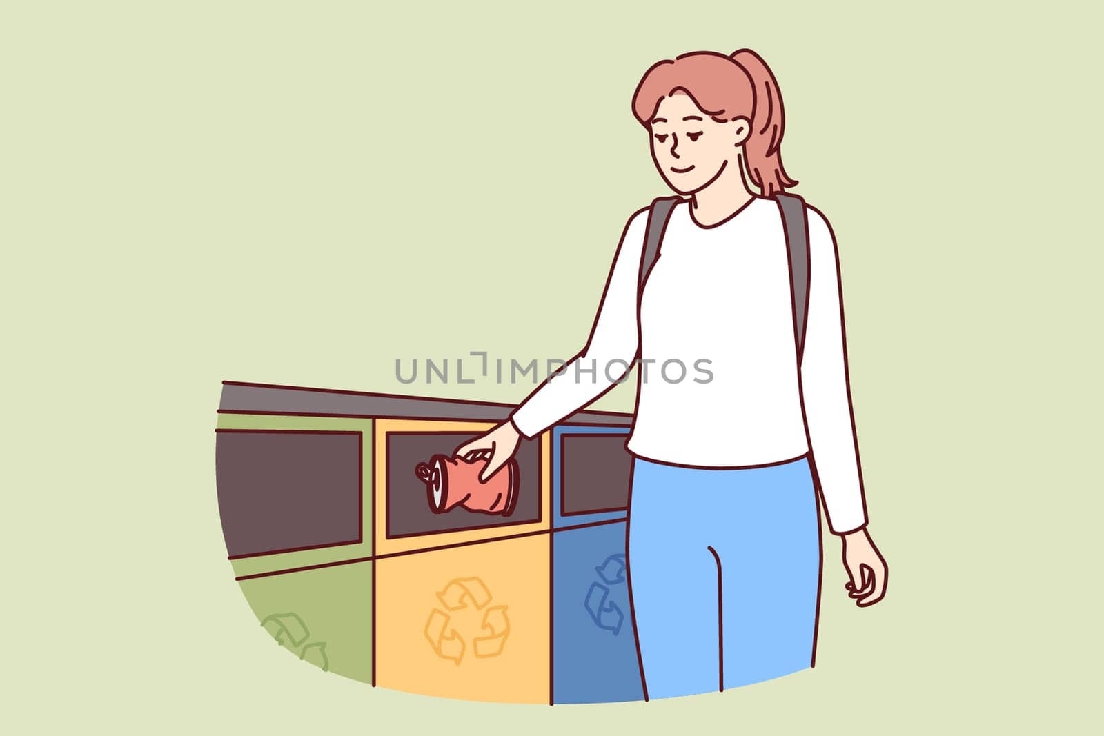 Woman throws iron can into metal trash can to take care of nature for eco consciousness concept. Young girl with backpack takes care of ecology by separating trash for further processing and reuse.